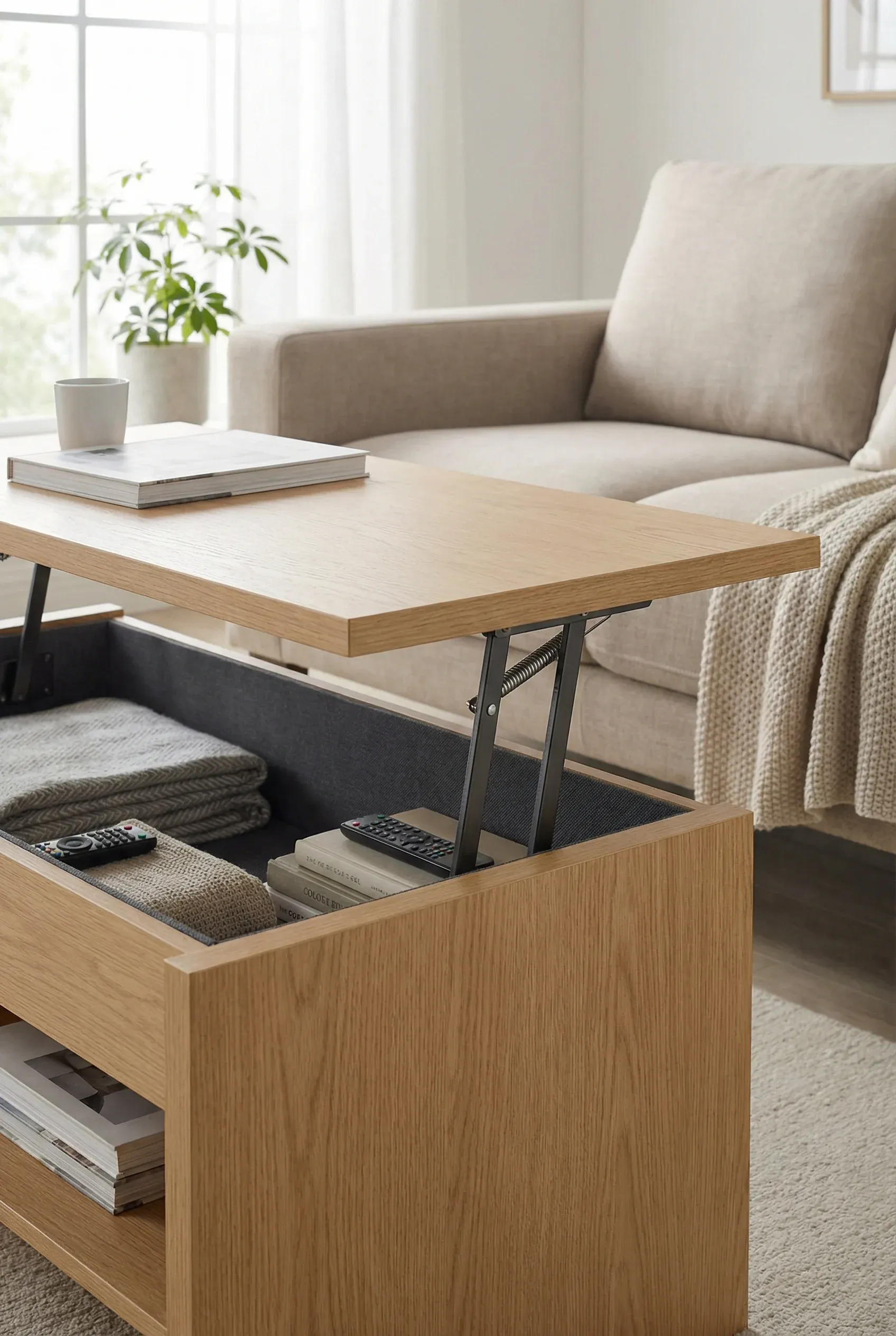 Lift-top coffee table opened to show hidden storage in a tidy modern living room.