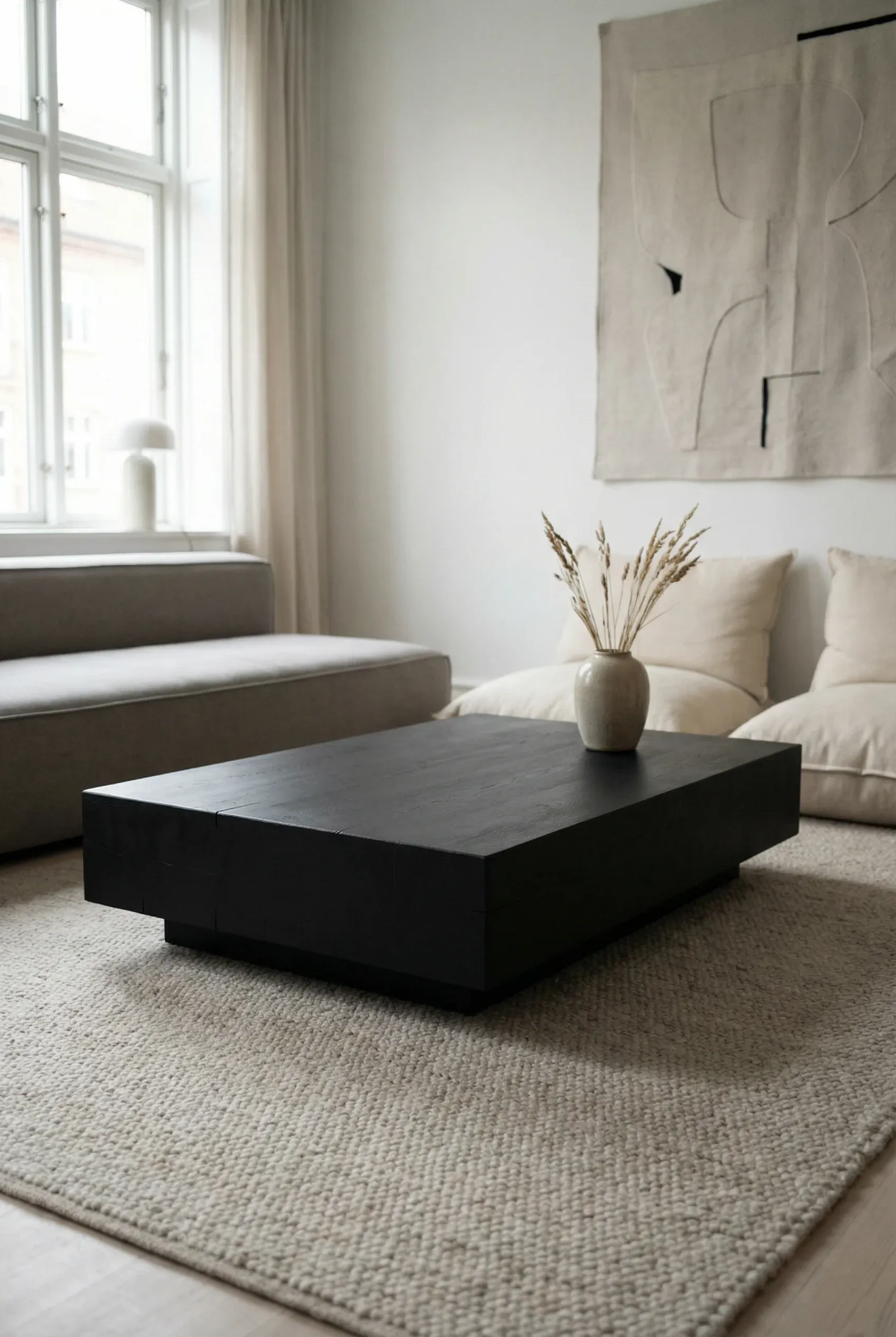 Low matte black platform coffee table centered in a minimalist modern living room.
