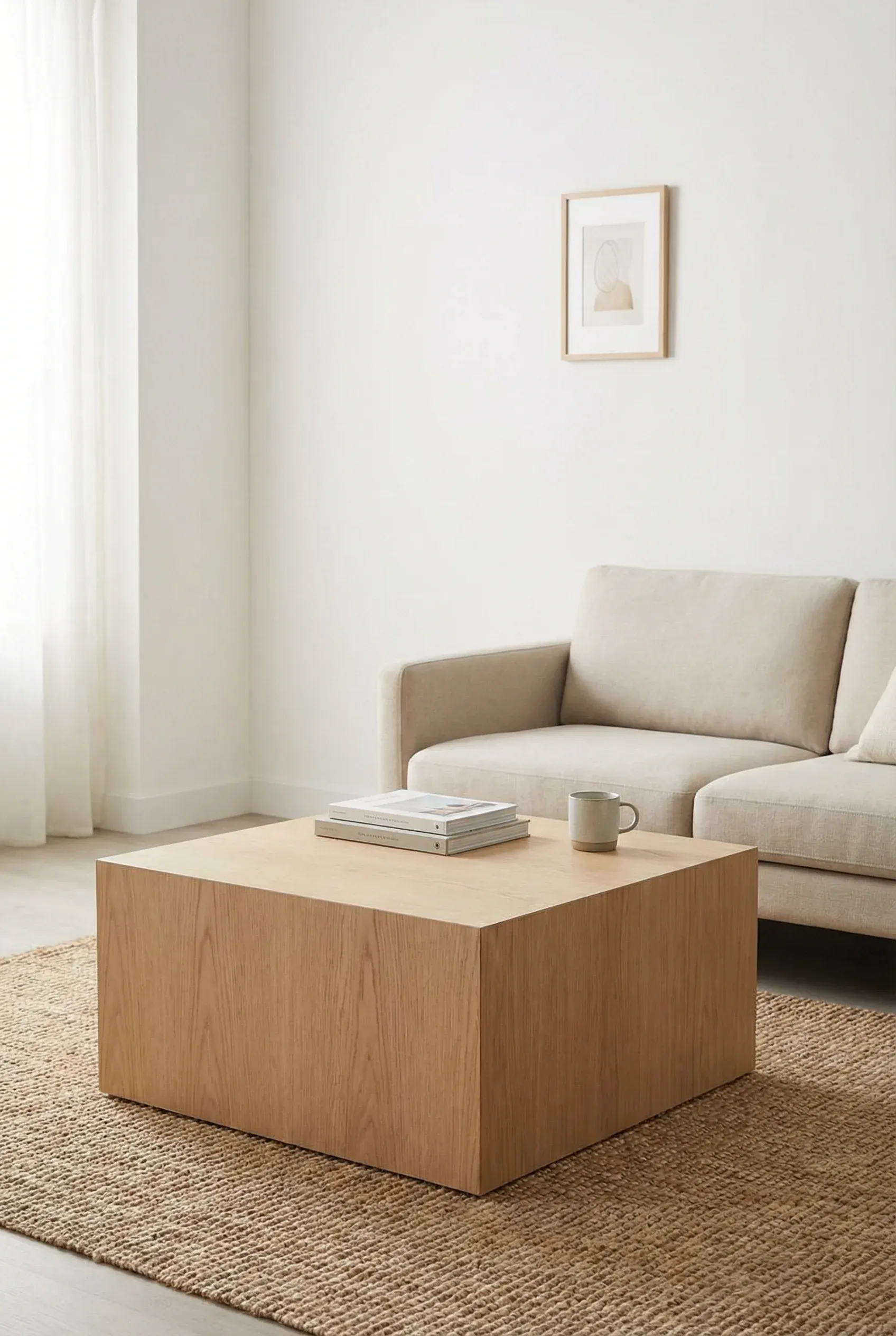 Compact square coffee table centered in a small, bright living room.