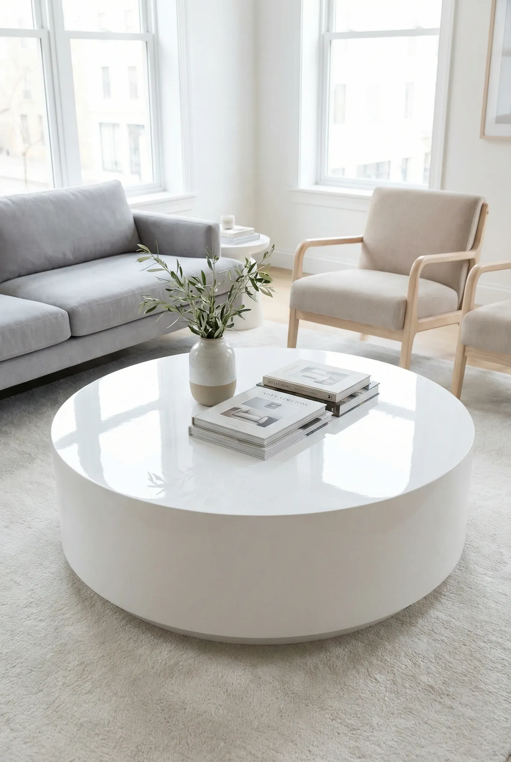 High-gloss white coffee table reflecting soft daylight in a bright modern room.