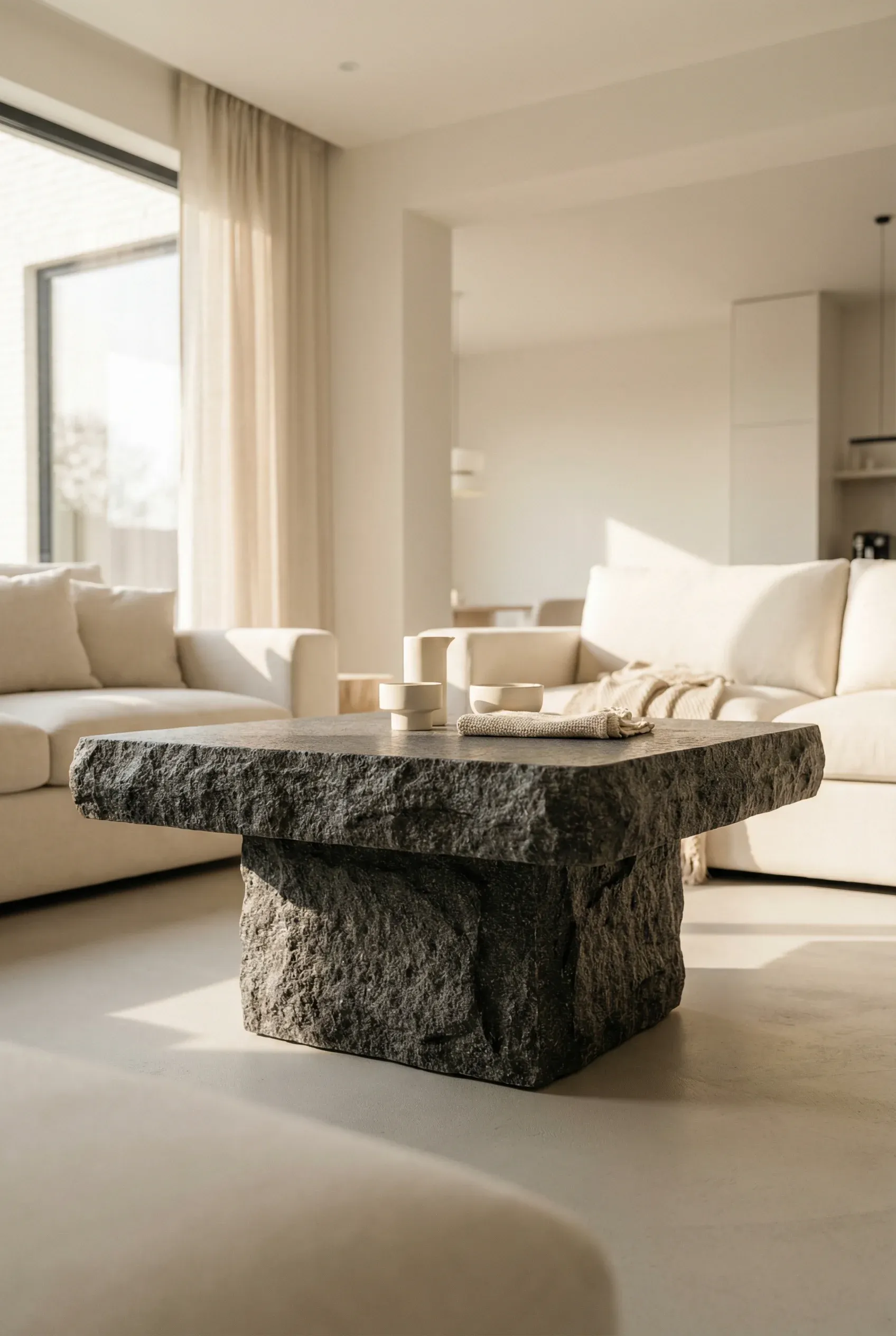 Solid stone pedestal coffee table with smooth texture in a softly lit modern room.