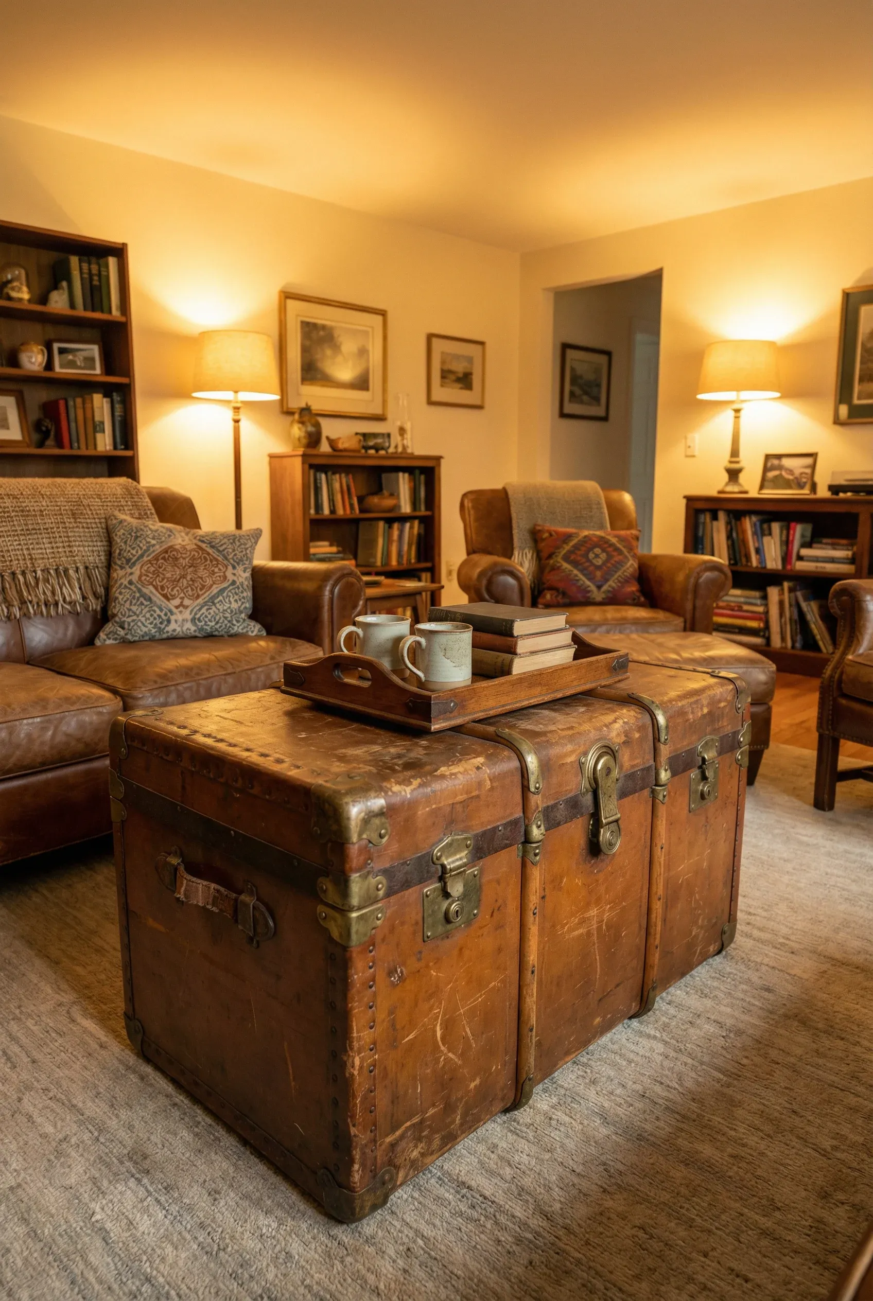Vintage trunk coffee table with metal accents in a warm, character-filled living room.