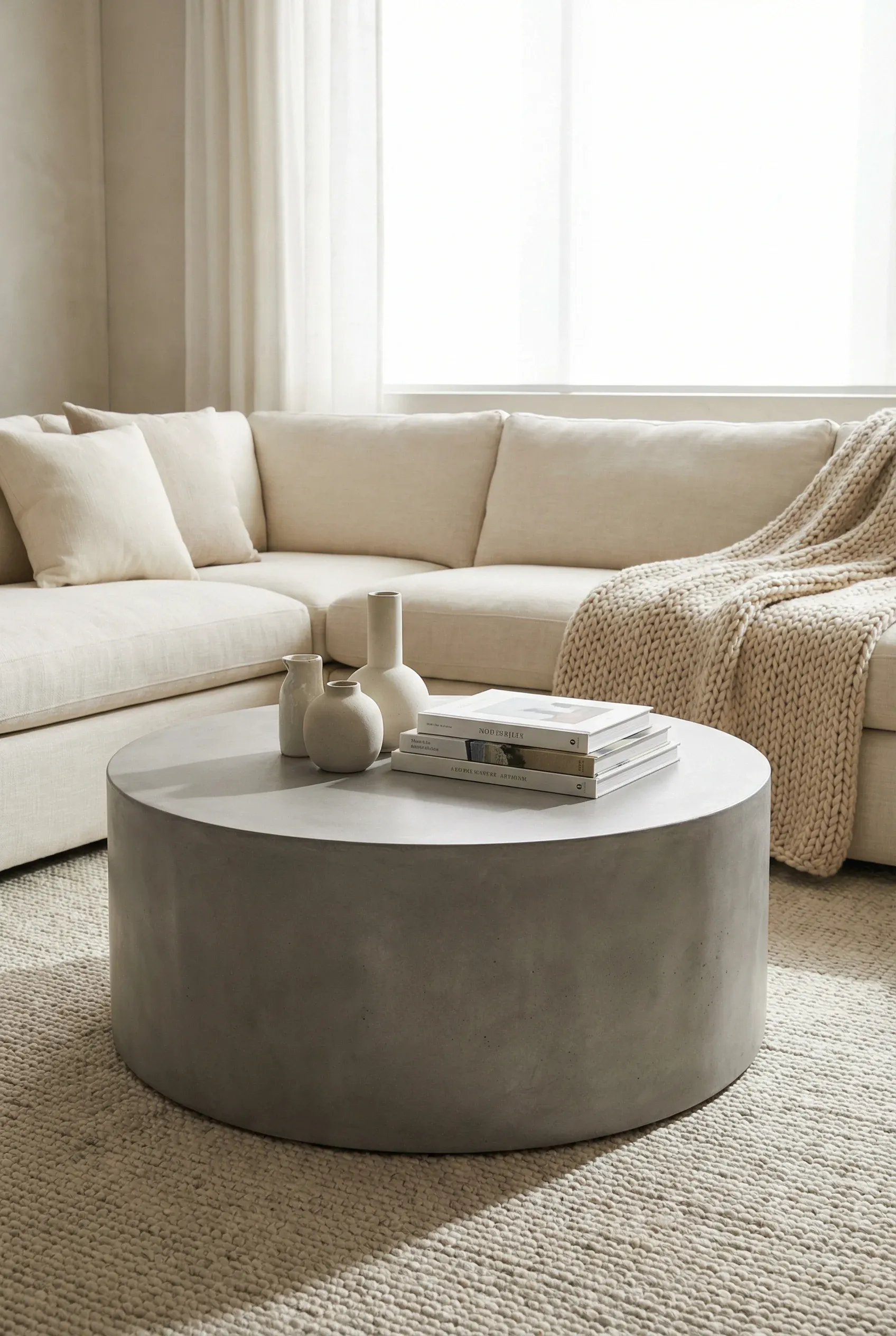 Round concrete coffee table with a smooth finish in a softly lit natural-toned living room.