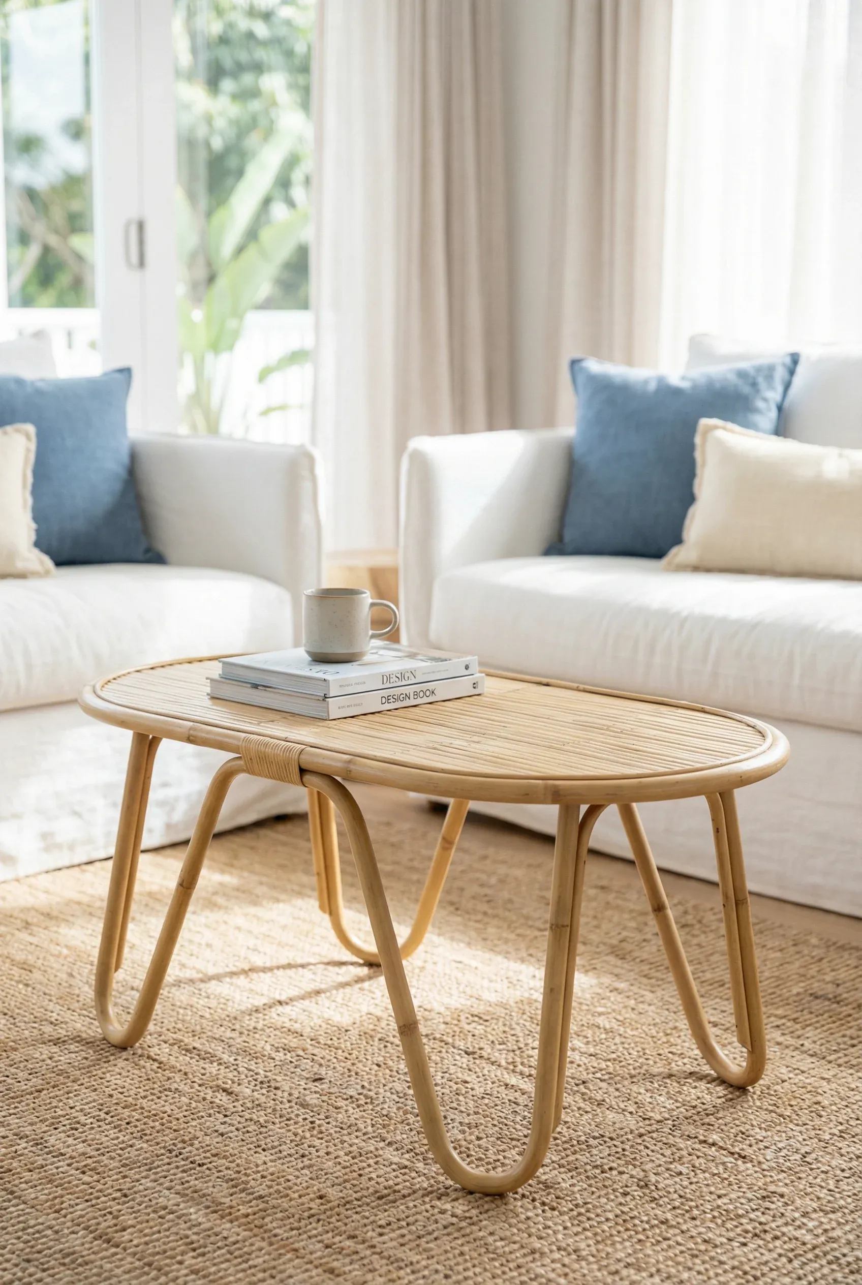Light-toned slim bamboo coffee table in a bright, relaxed coastal-style living room.