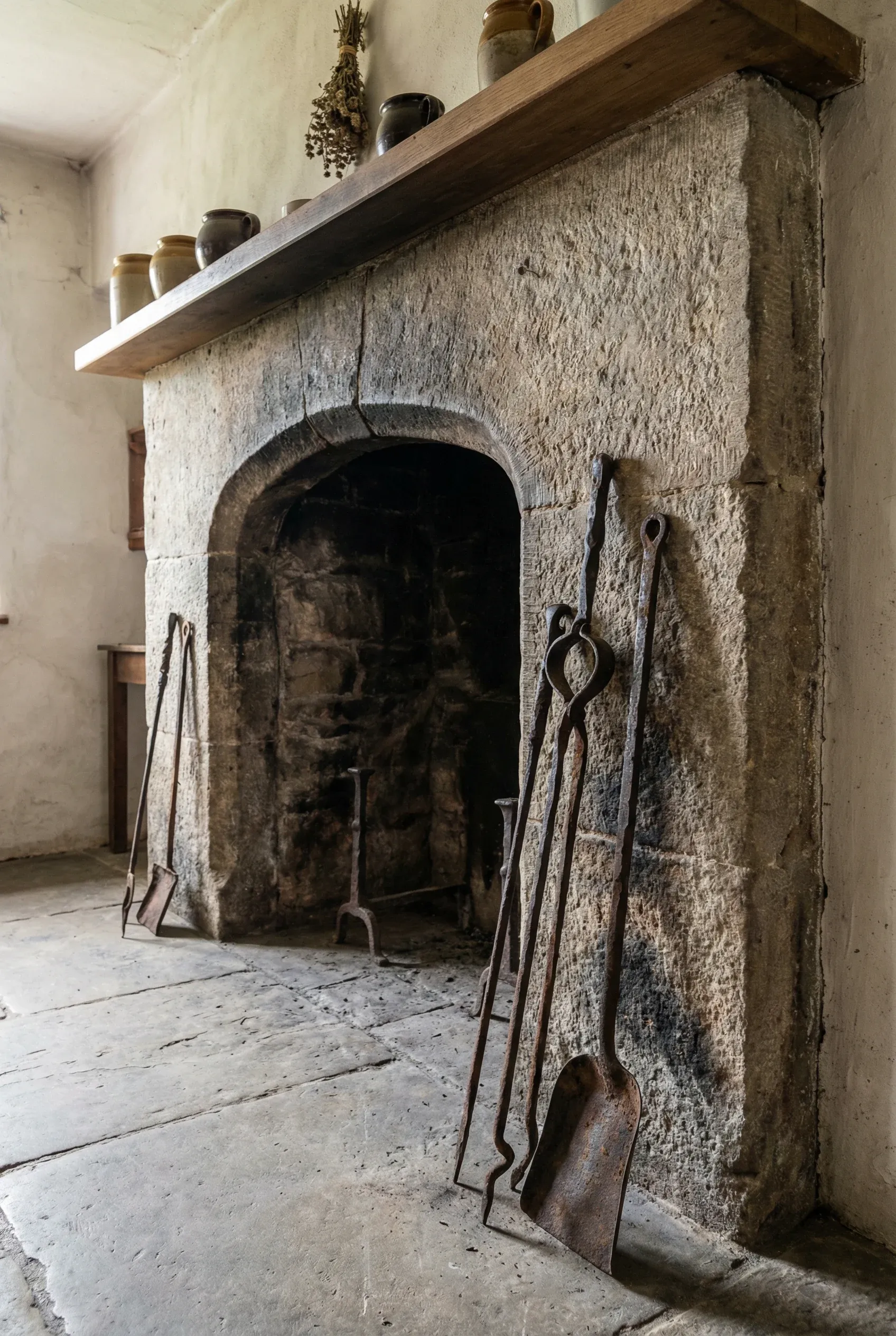 A rustic stone hearth with aged iron tools creating a warm cottage focal point.