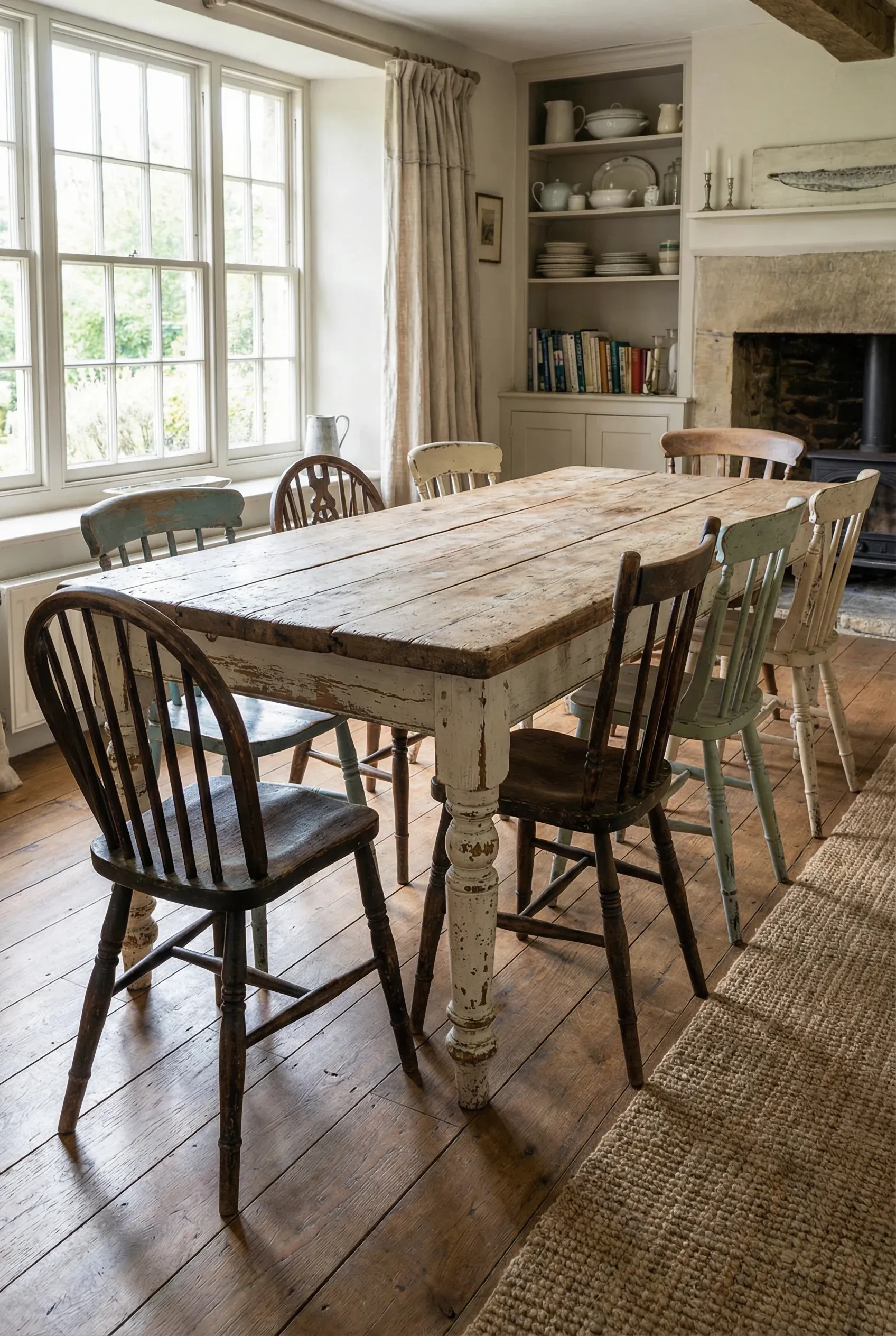 A rustic farmhouse table with mismatched wooden chairs in a cozy cottage interior.