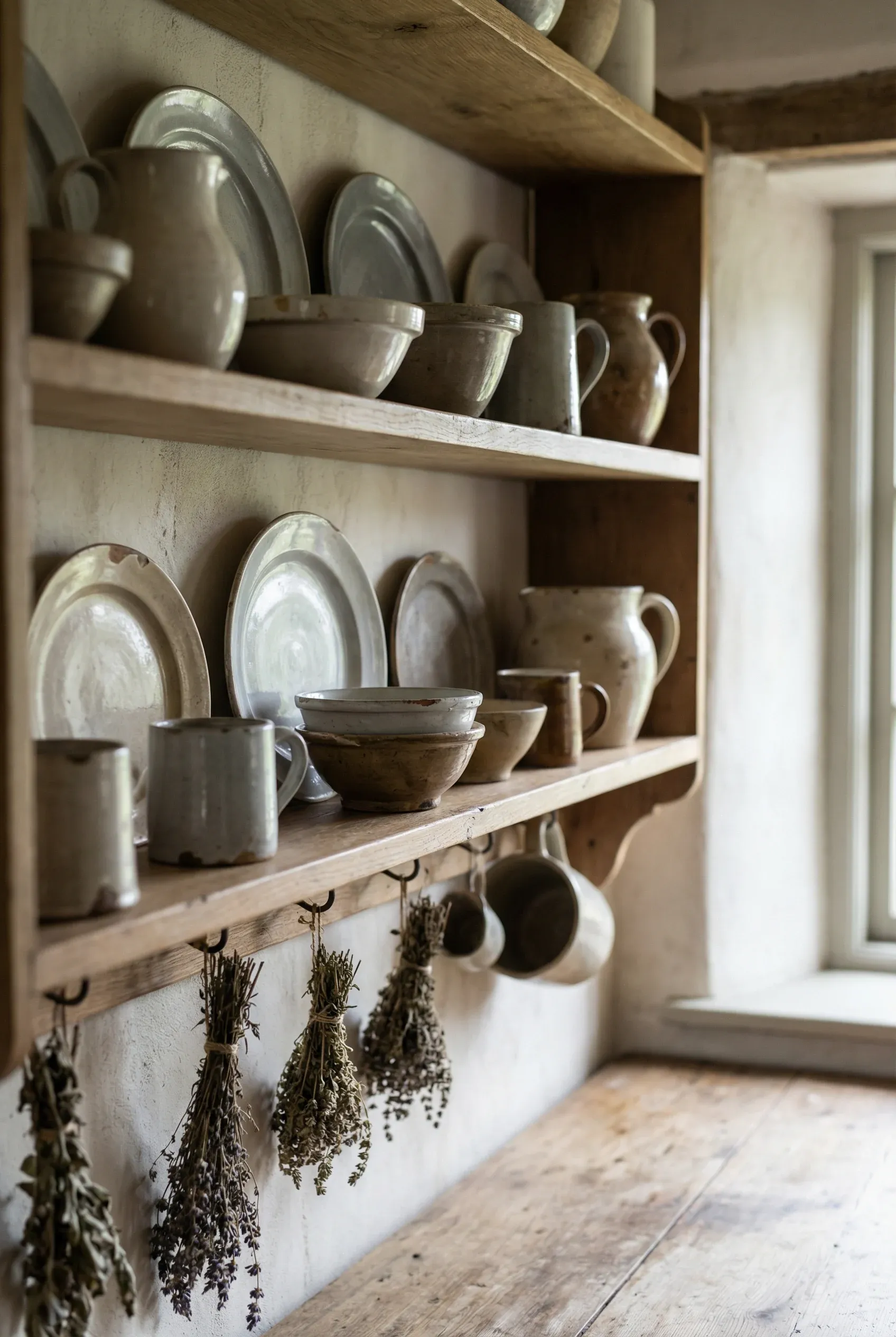 Open shelves displaying muted, aged crockery in a country cottage kitchen.