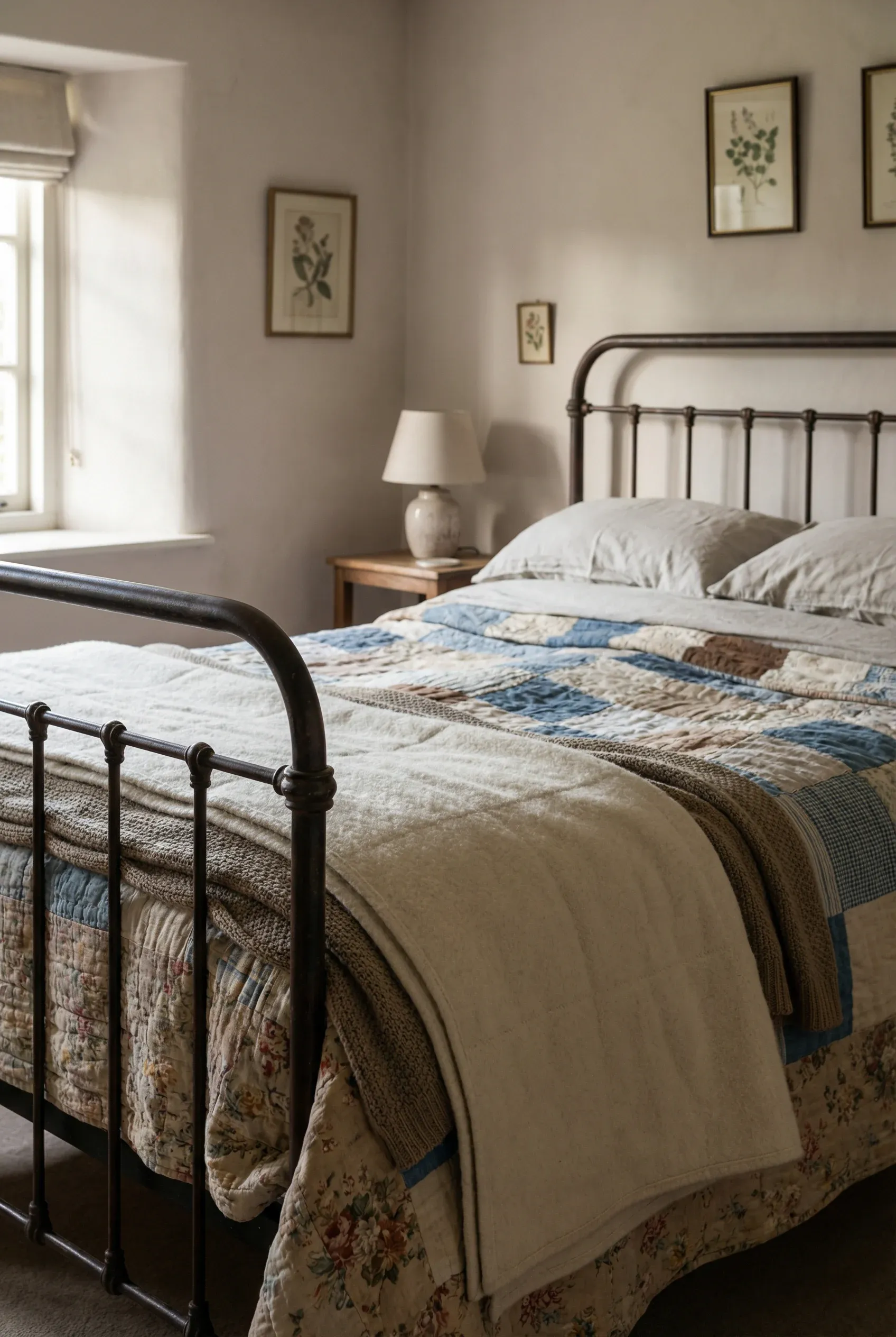 A rustic iron bed frame with layered quilts in a warm cottage bedroom.
