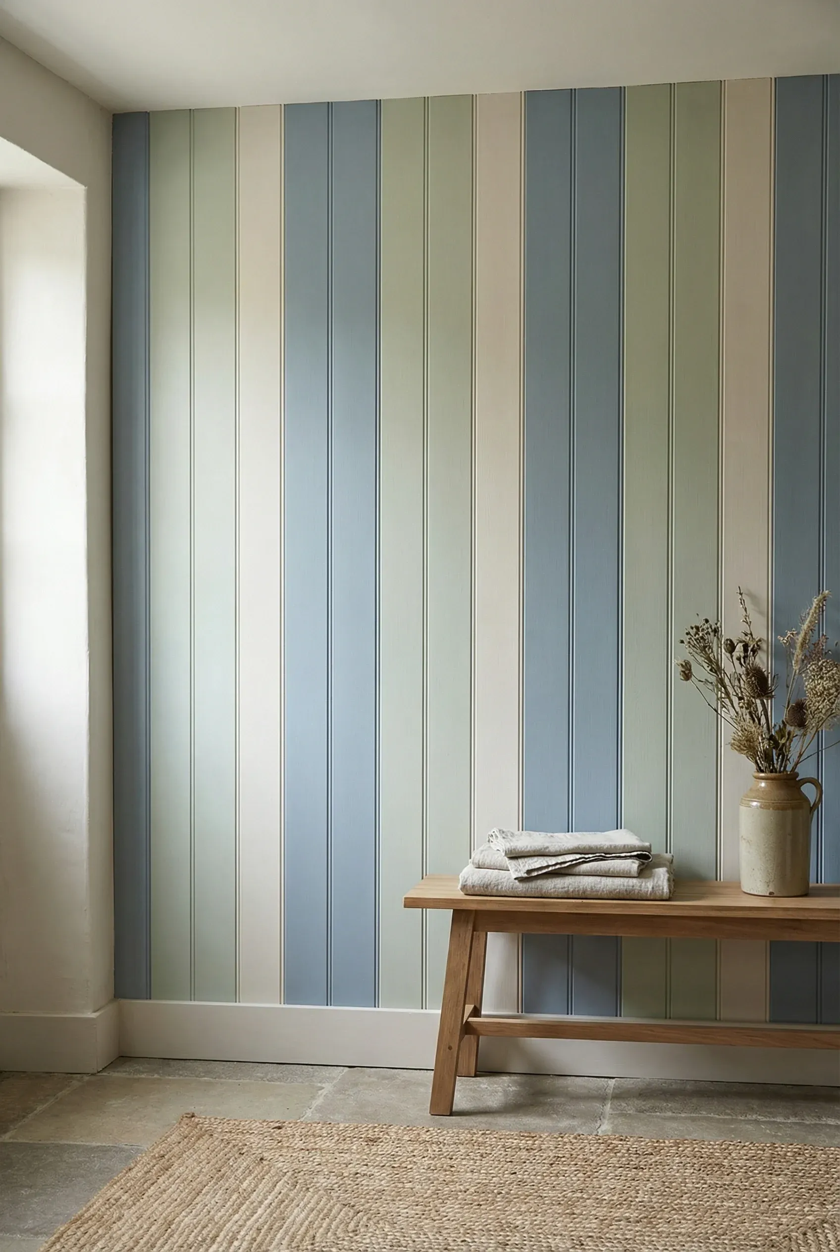 Paneled cottage walls painted in muted pastels with soft natural lighting.