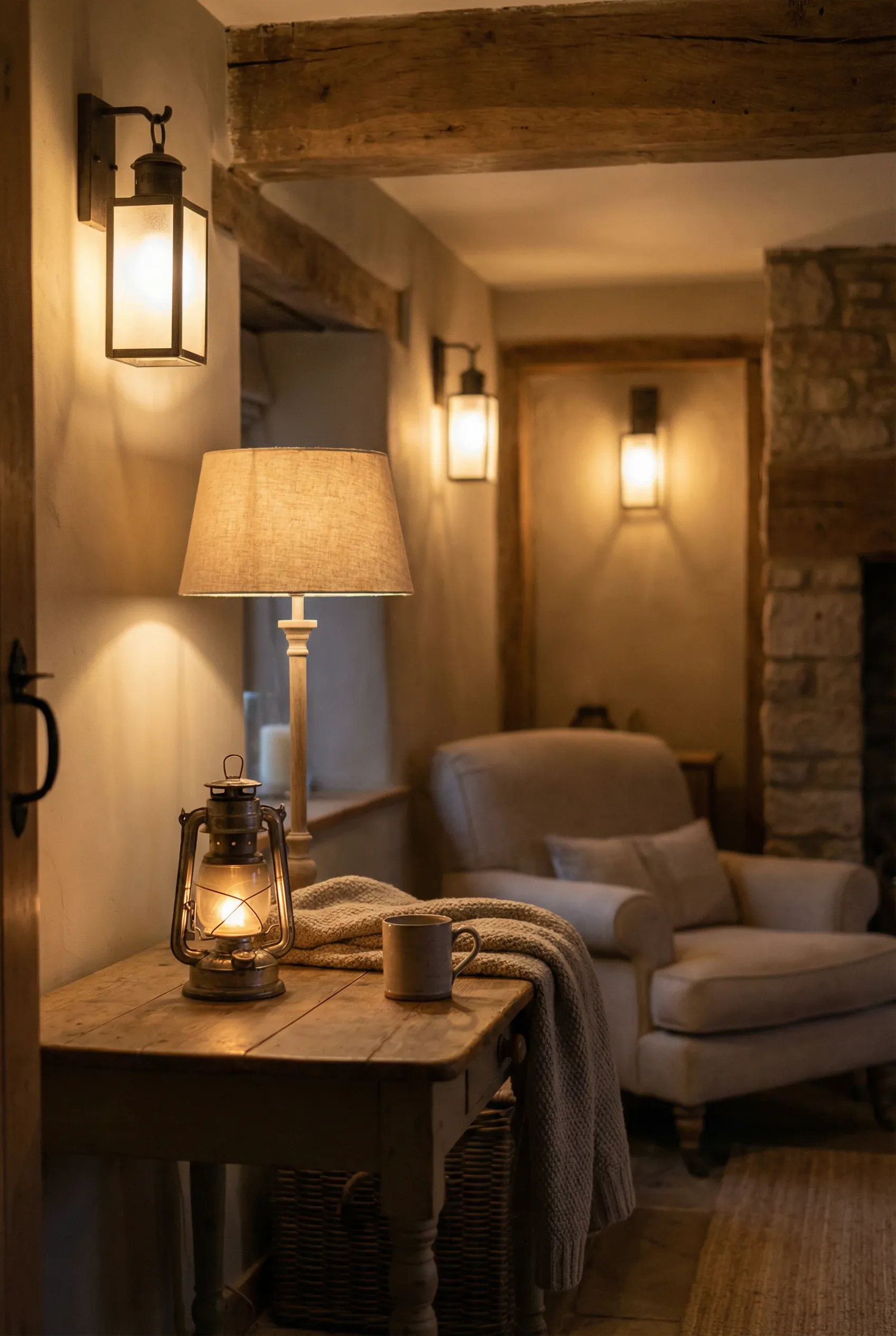 Soft lantern-style lighting gently illuminating a warm cottage interior.