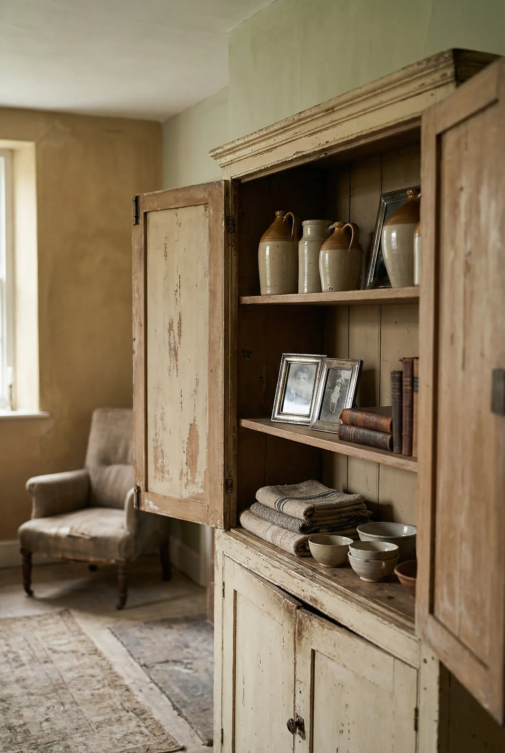 A distressed cottage cupboard displaying collected antiques and handmade pieces.