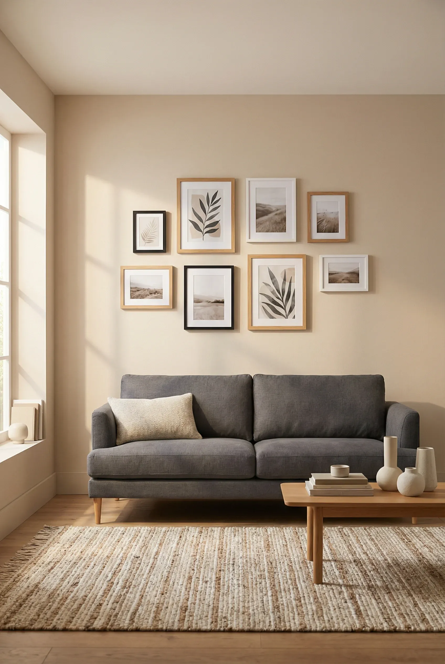Mixed-size picture frames arranged in a soft grid above a sofa in a serene living room.