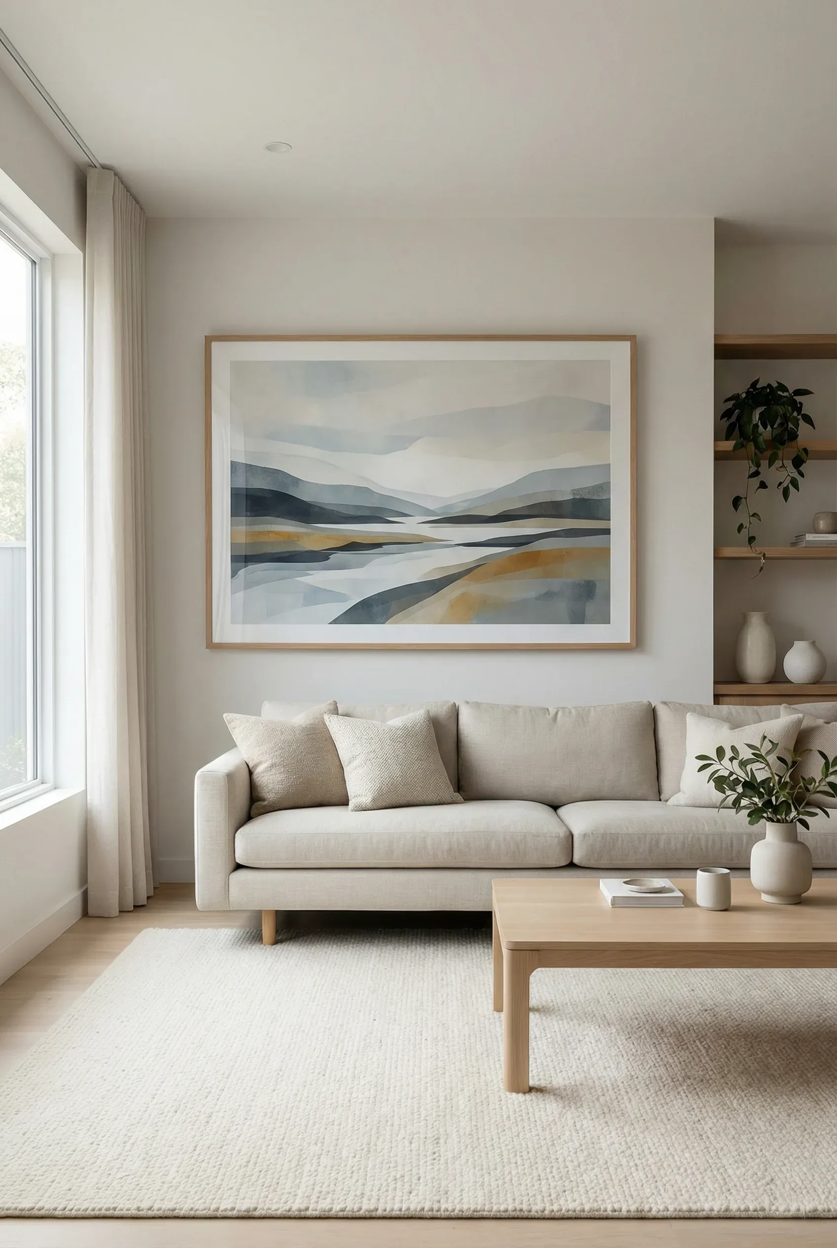 A single oversized art print centered above a sofa creating a simple focal point.
