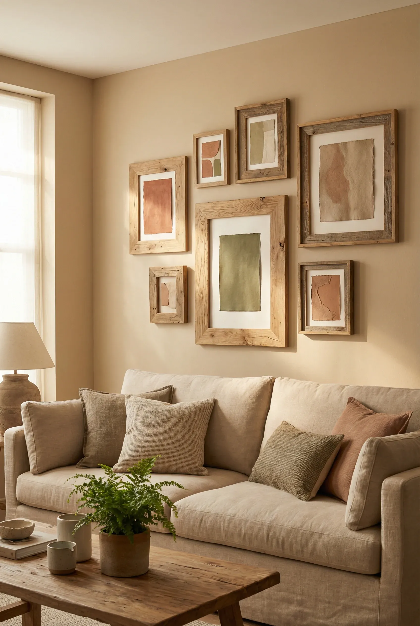 Natural wood frames arranged above a sofa with earthy-toned artwork creating a warm atmosphere.