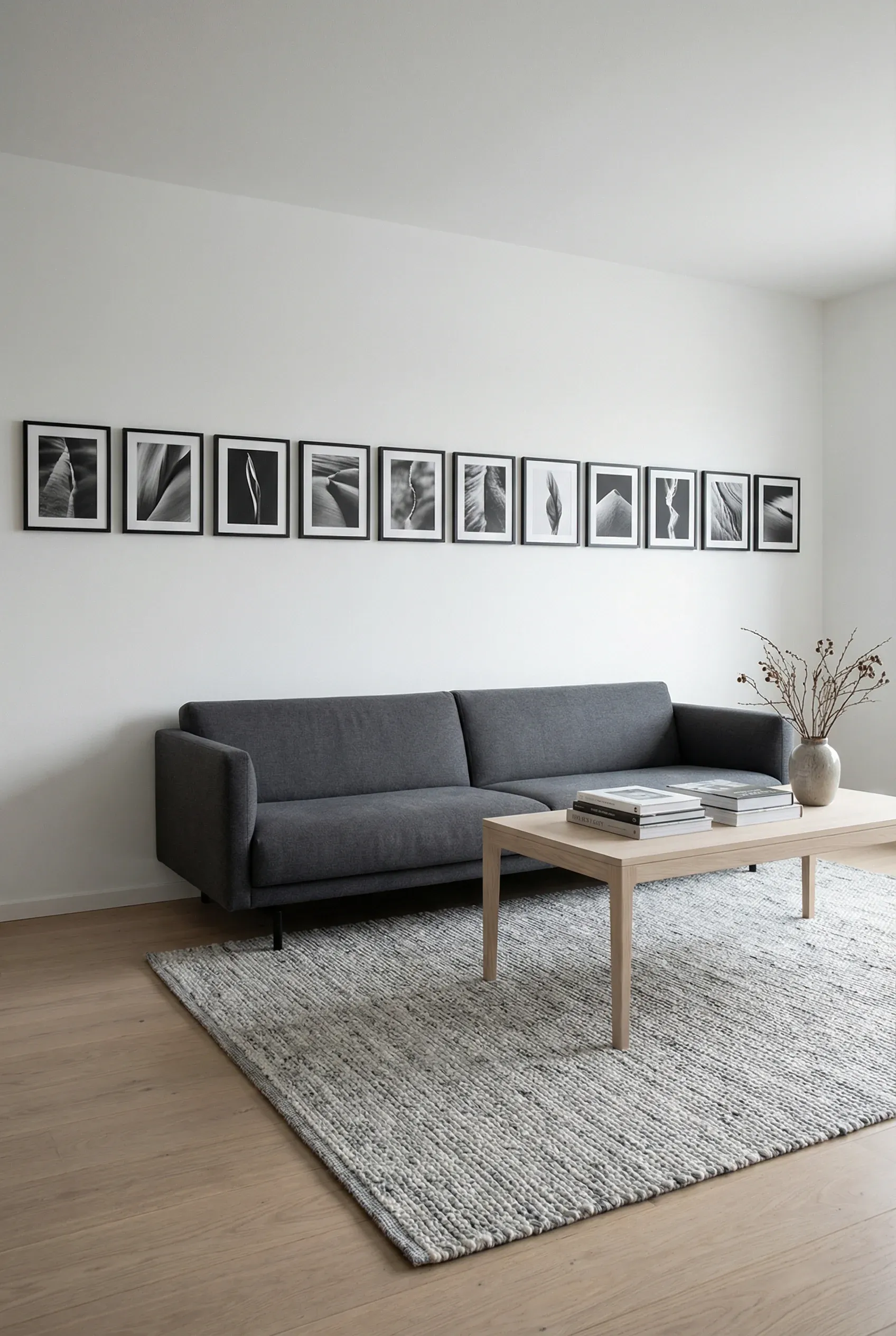 A clean row of black-and-white framed photos hanging above a sofa in a Scandinavian living room.