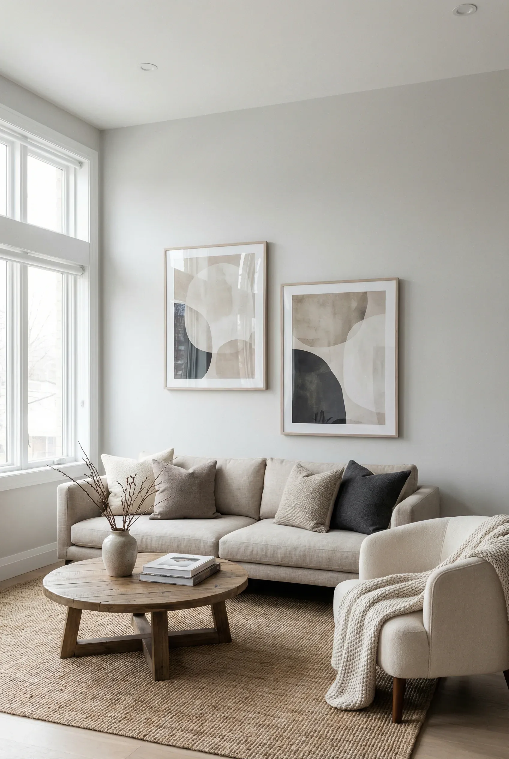 Neutral abstract prints arranged loosely above a sofa in a calm, aesthetic living room.