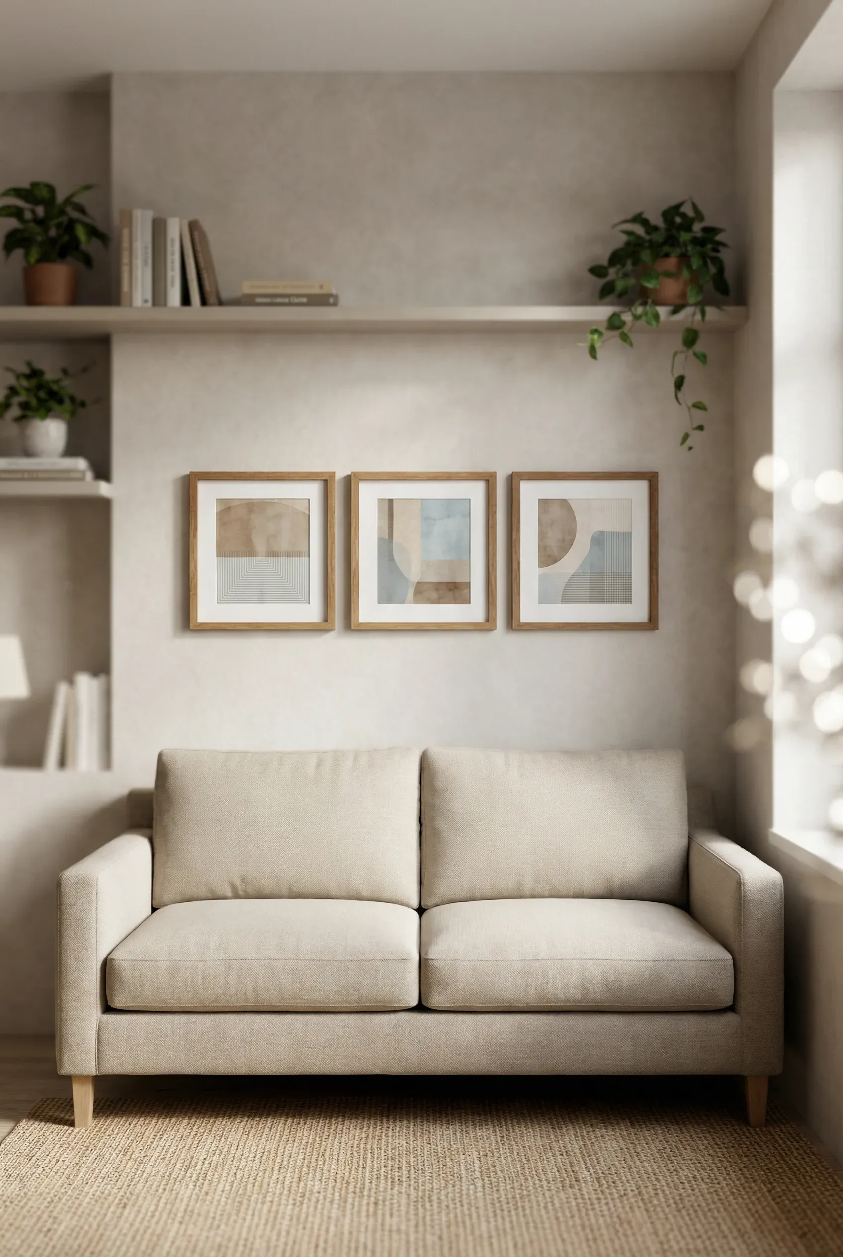 A tight trio of small art pieces hung above a sofa in a compact living room.