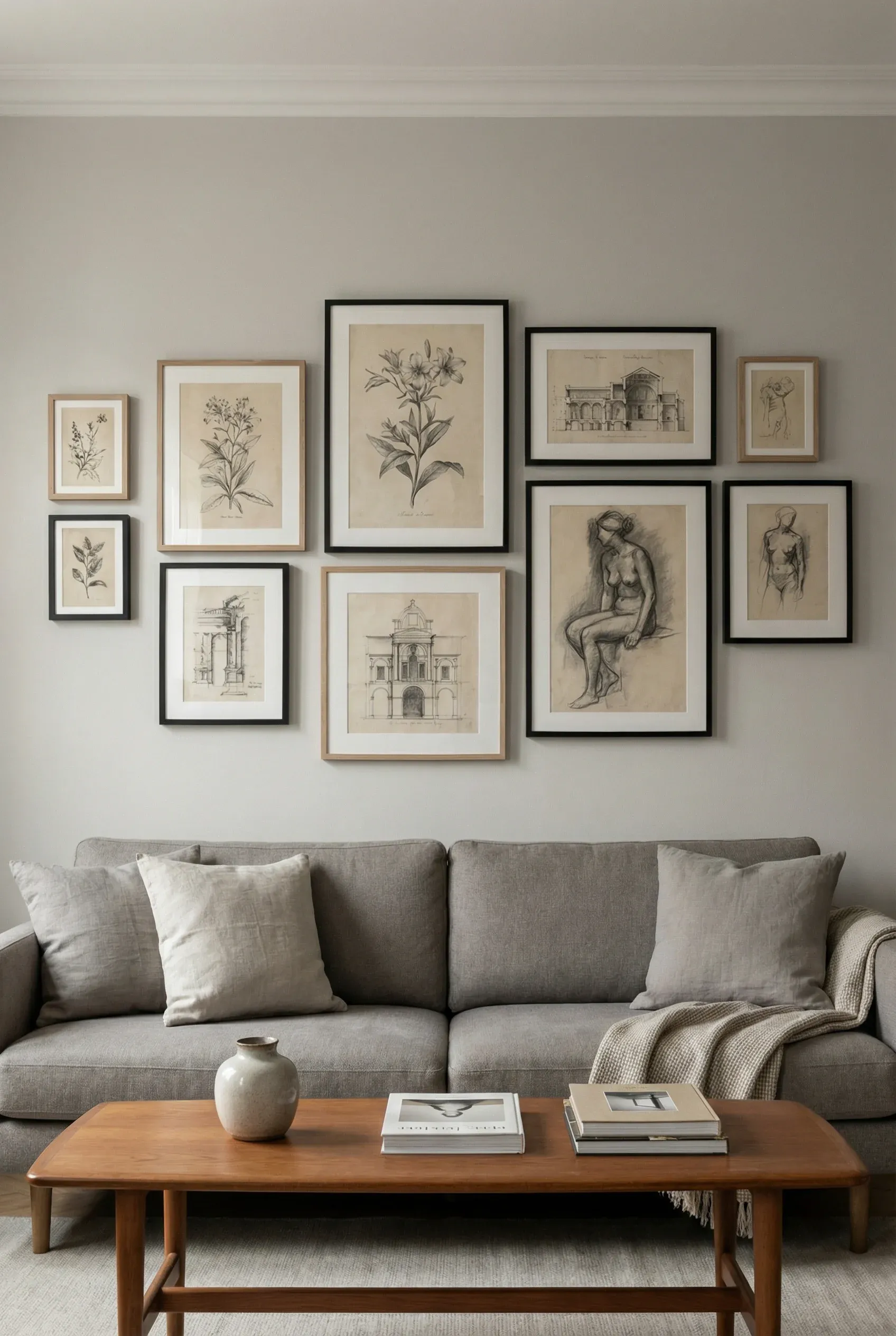 Vintage sketch artwork in minimalist frames clustered quietly above a sofa.