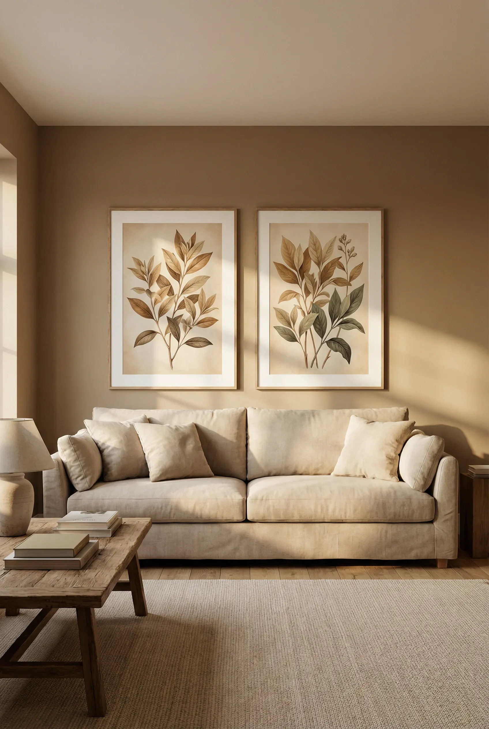 Two large matching prints hung symmetrically above a sofa in a cozy living room.