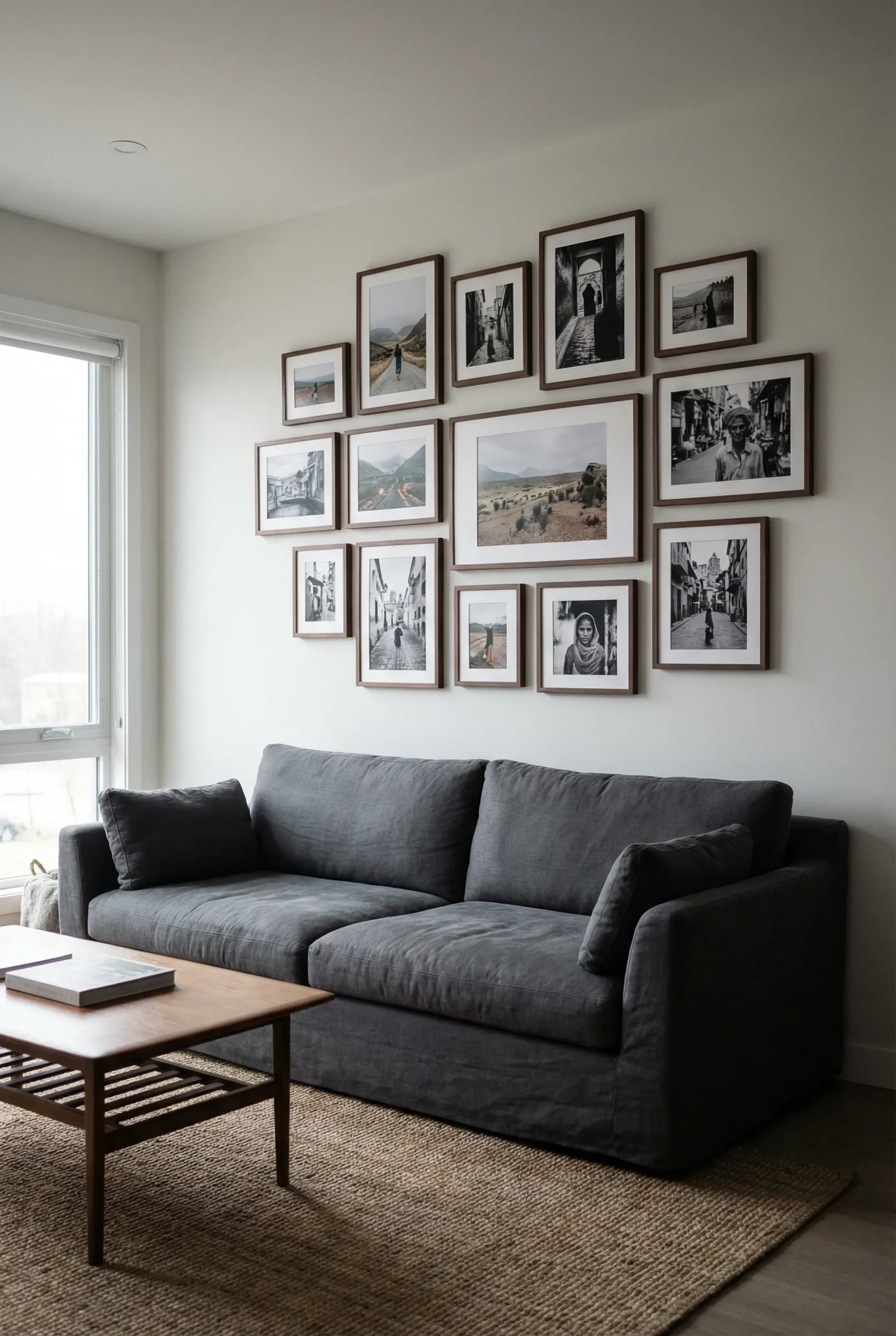 Color and black-and-white travel photos arranged together in matching frames above a sofa.