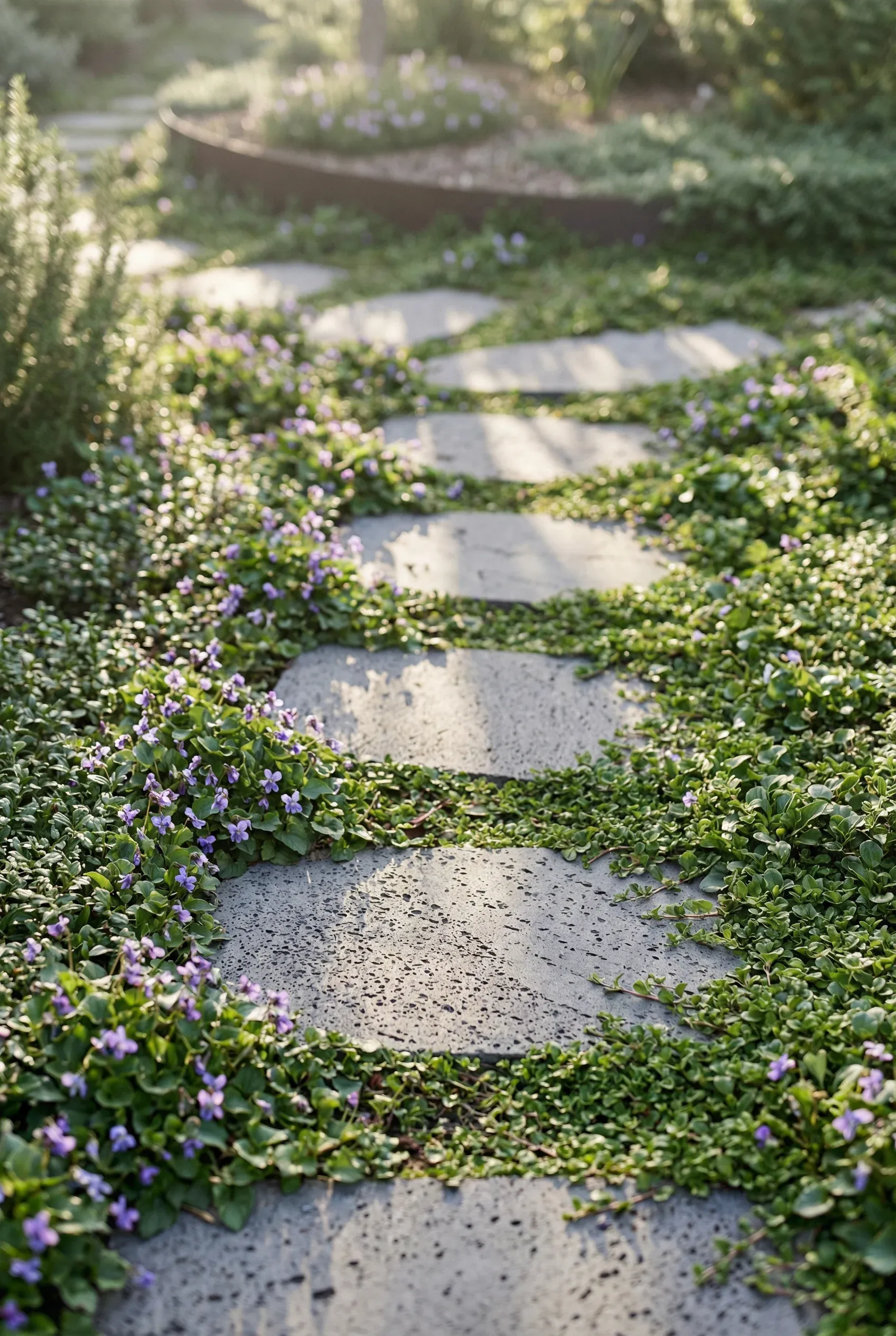 Concrete stepping stones surrounded by low mounding Australian native groundcovers.