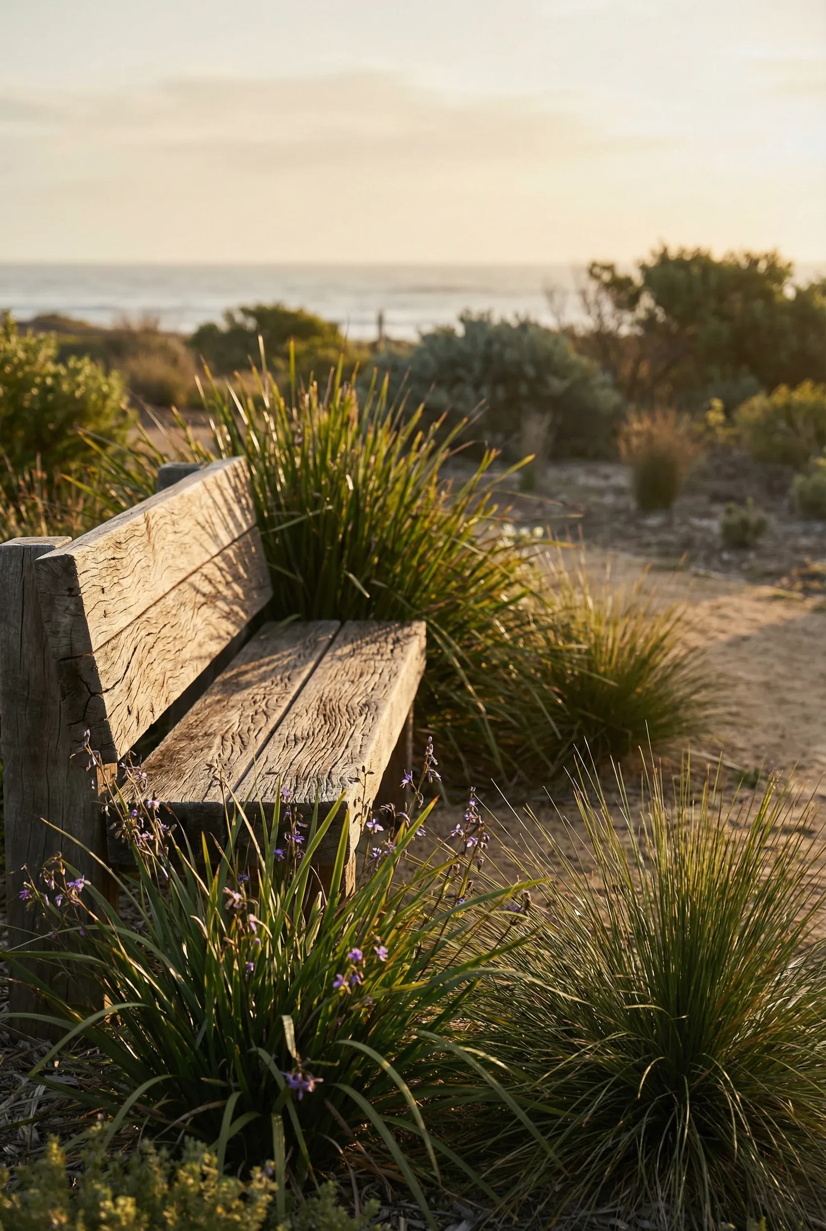 Wooden bench surrounded by Australian coastal grasses in soft afternoon light.