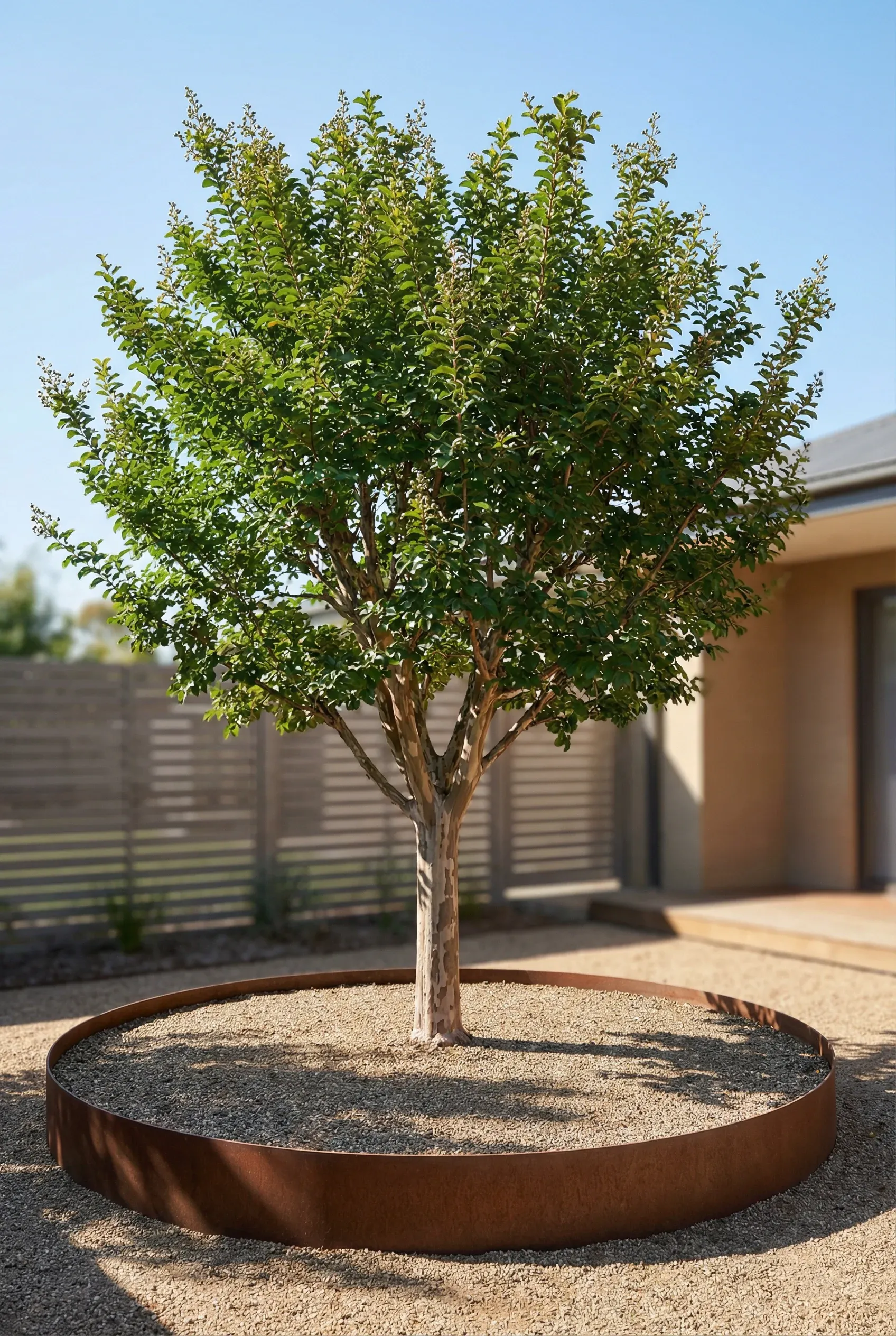 Single feature tree centered in a circular edged garden bed filled with gravel or mulch.