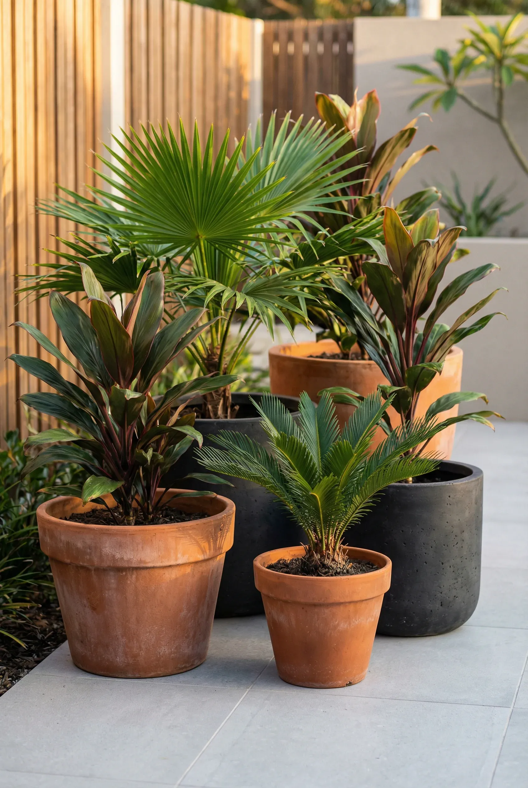 Cluster of variously sized pots containing hardy Australian tropical-style plants.