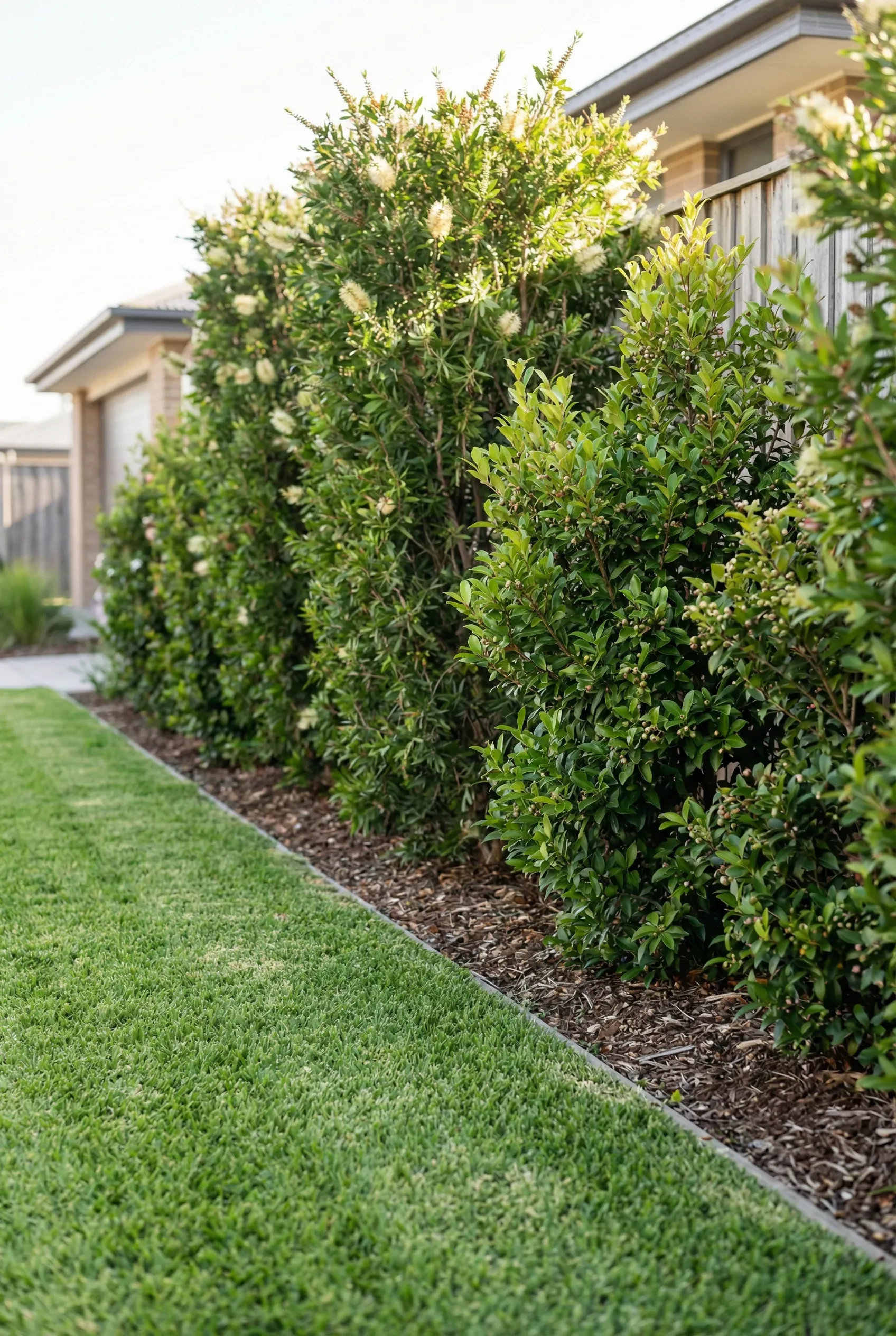 Narrow lawn strip bordered by native Australian screening shrubs.