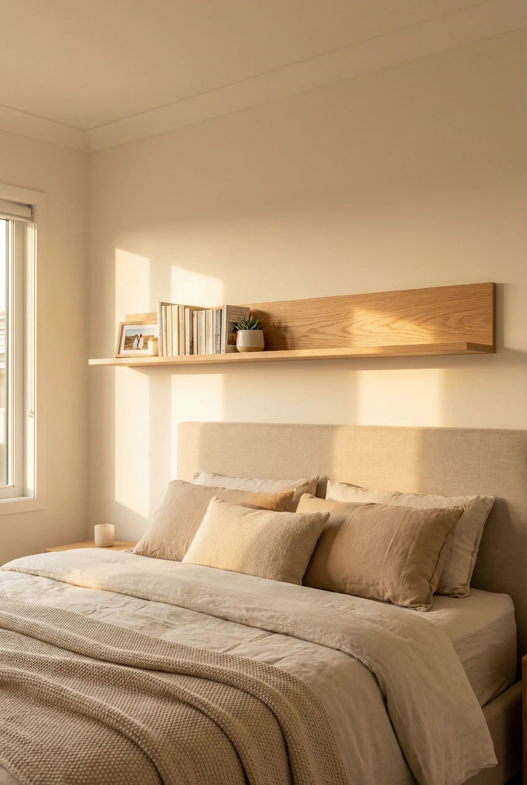 A slim floating shelf mounted above a bed headboard holding books and a small plant.