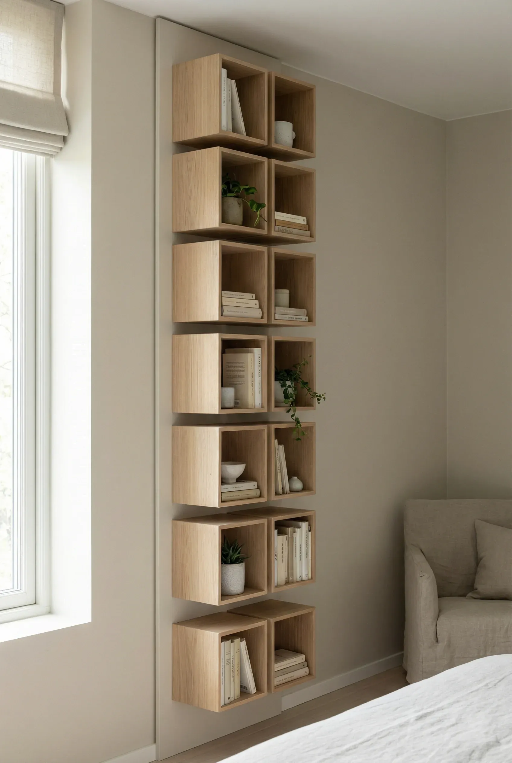 Tall vertical stacked cubes mounted on a wall strip used as compact book storage.