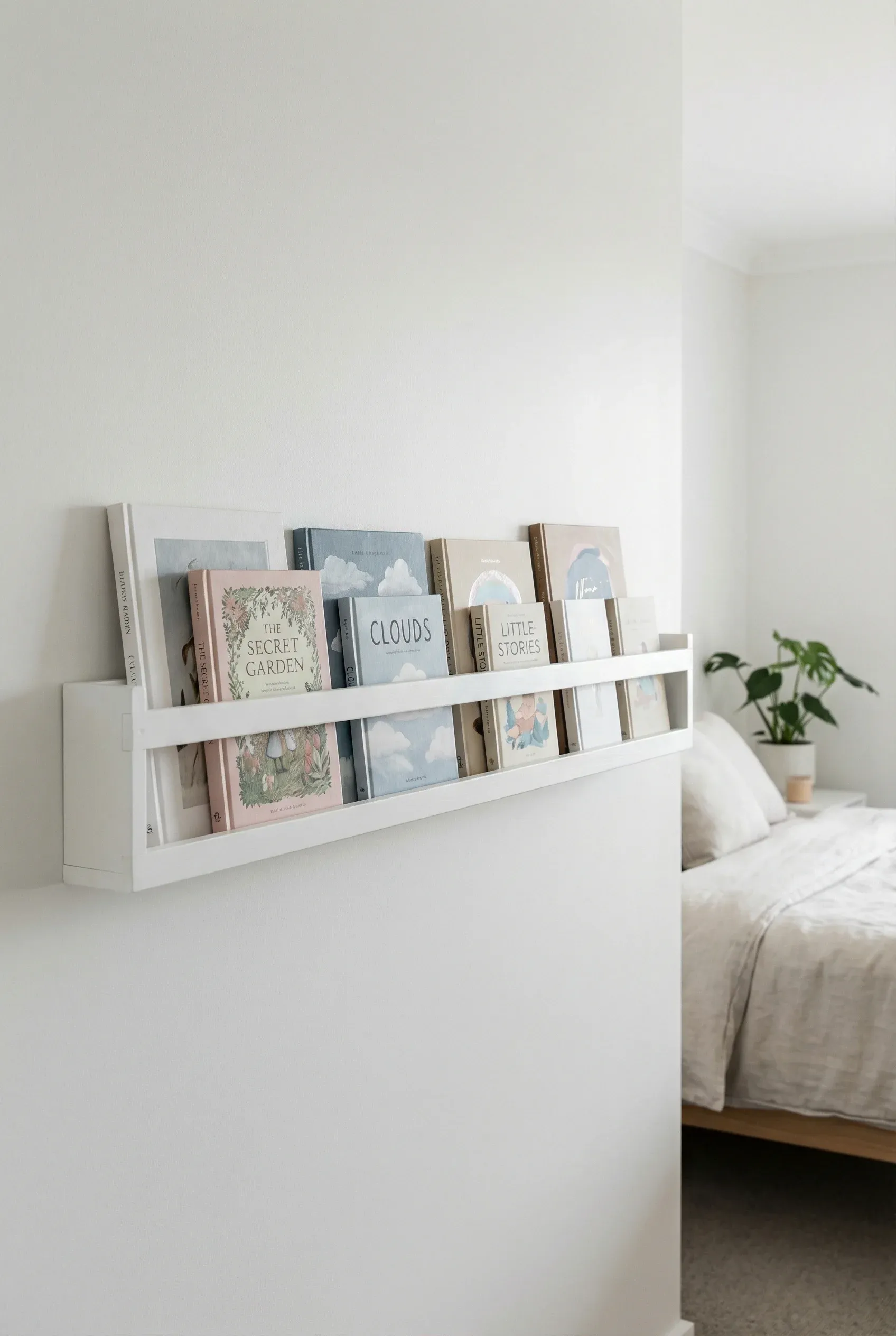 A shallow picture-ledge style rail displaying books facing forward on a smooth wall.