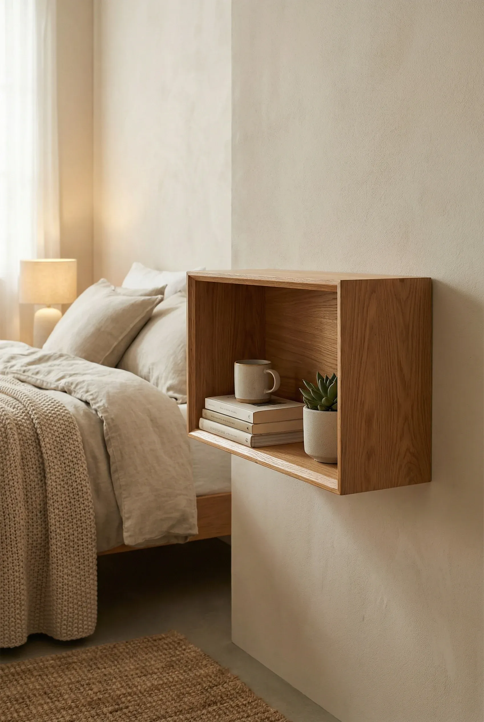 A wall-mounted box shelf beside a bed used to hold books and a small lamp.