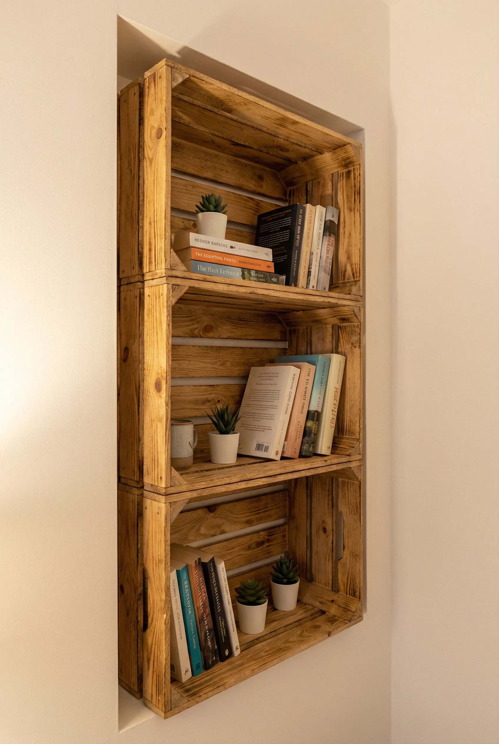 A crate-style wall-mounted shelf fitted neatly into a tight bedroom nook holding books.