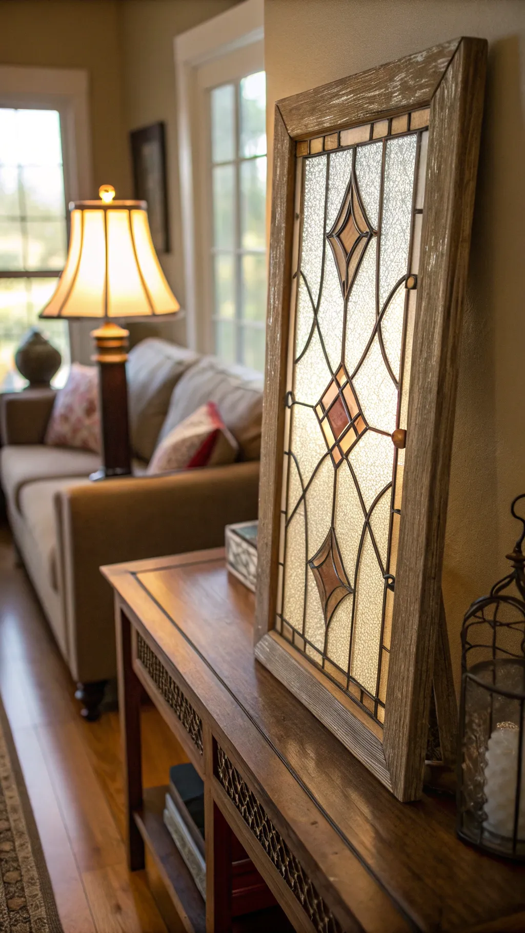 Antique stained glass window panel leaning near a console table in warm natural light.