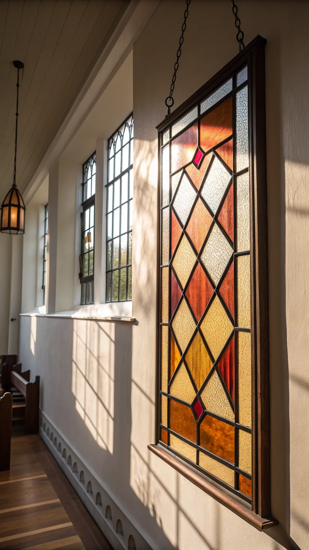 Stained glass panel hung slightly off a wall with daylight glowing through it.