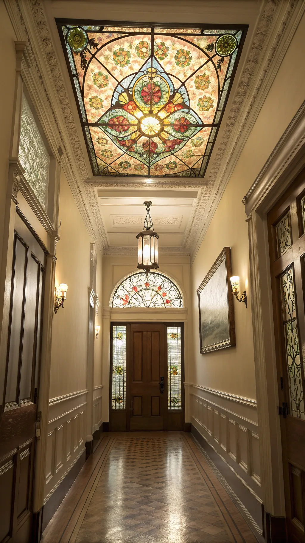 Victorian stained glass window set above an interior doorway with warm glowing colors.