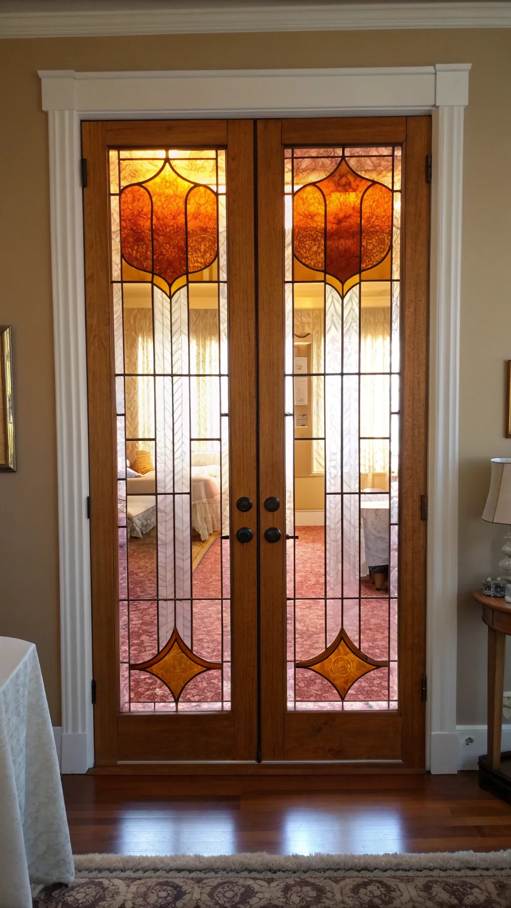 Interior stained glass doors glowing with amber and rose tones in a warm room.