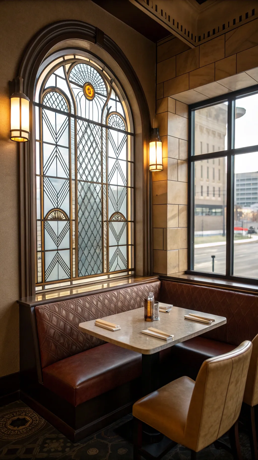 Art Deco stained glass window casting geometric light patterns in a dining nook.