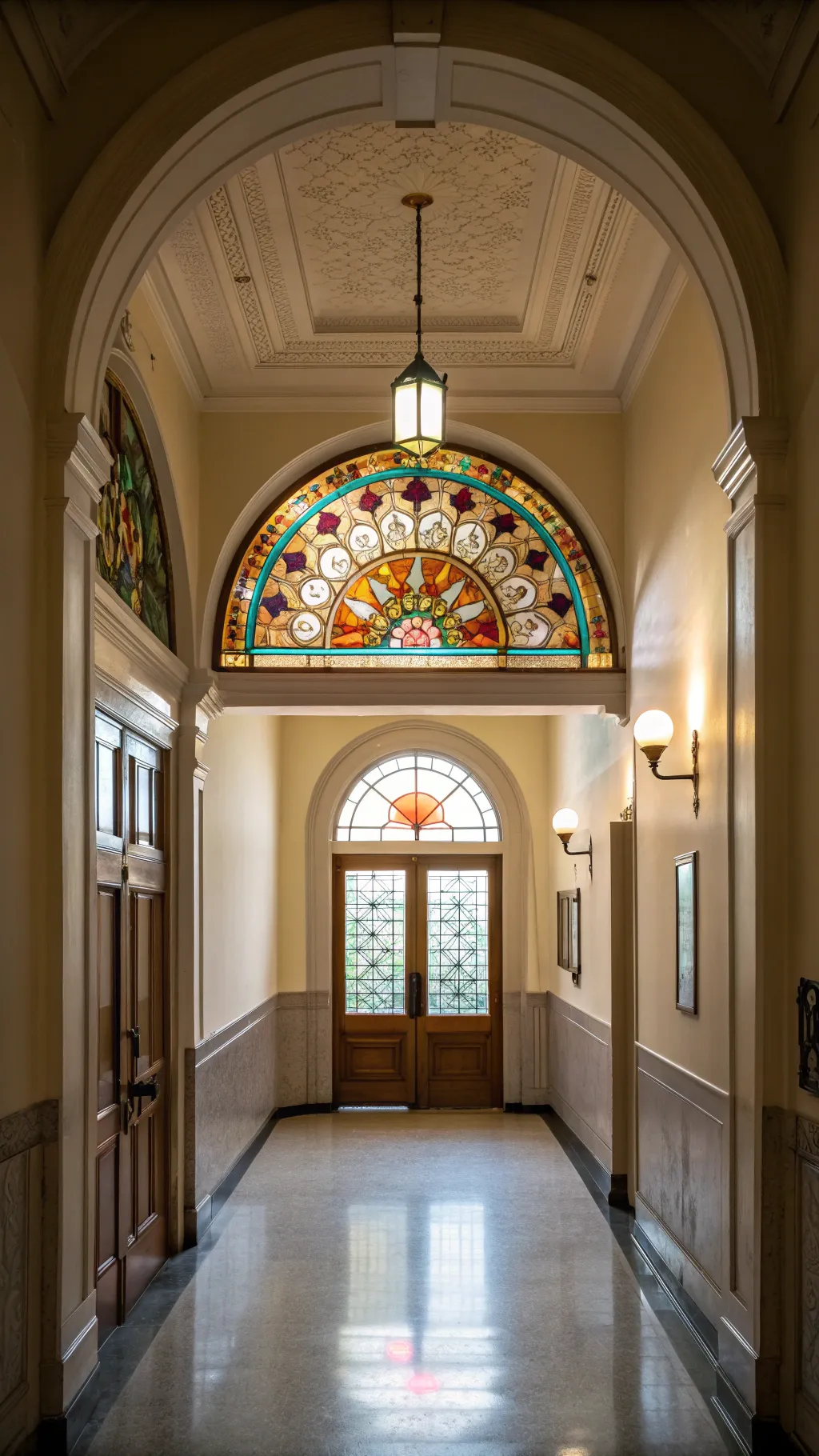 Stained glass transom window above a doorway lighting a hallway with soft color.