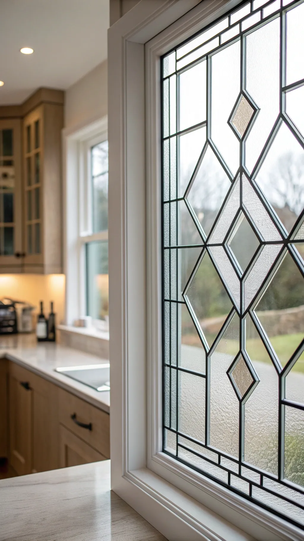 Modern stained glass window with geometric lines in a bright contemporary room.