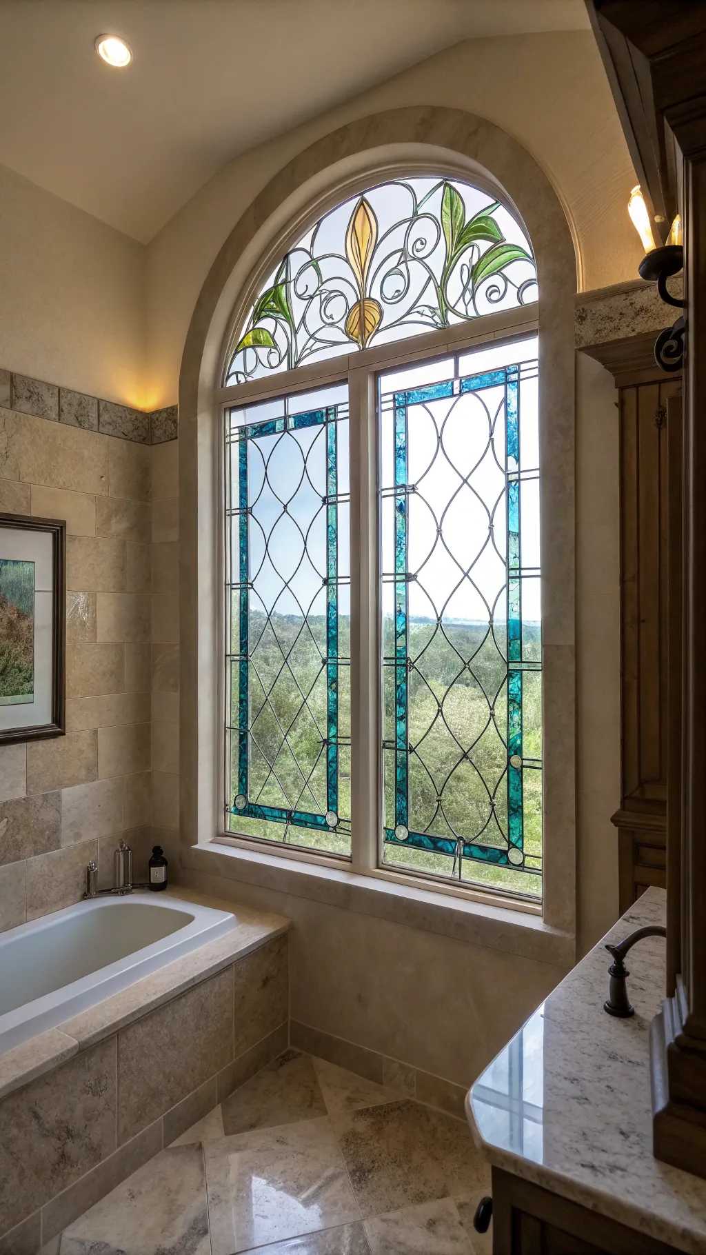 Bathroom stained glass window with blue and green tones creating soft private light.