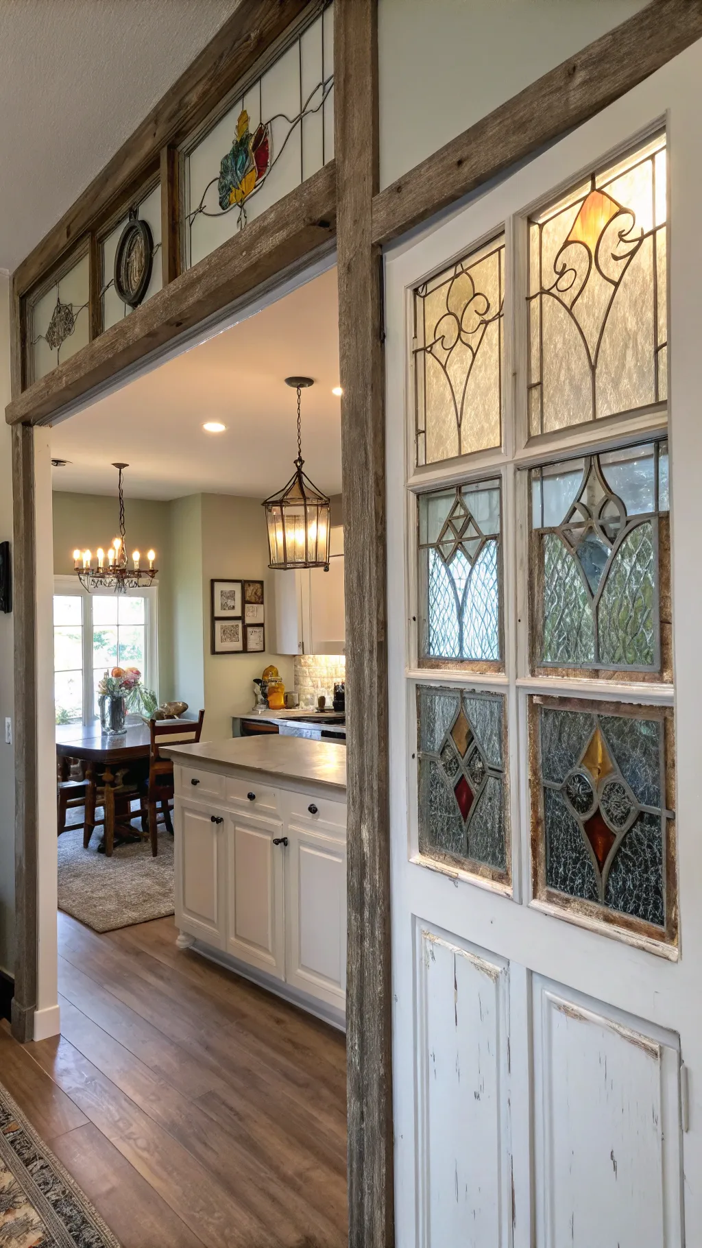 Reclaimed stained glass panels mounted above a kitchen pass-through with warm daylight.