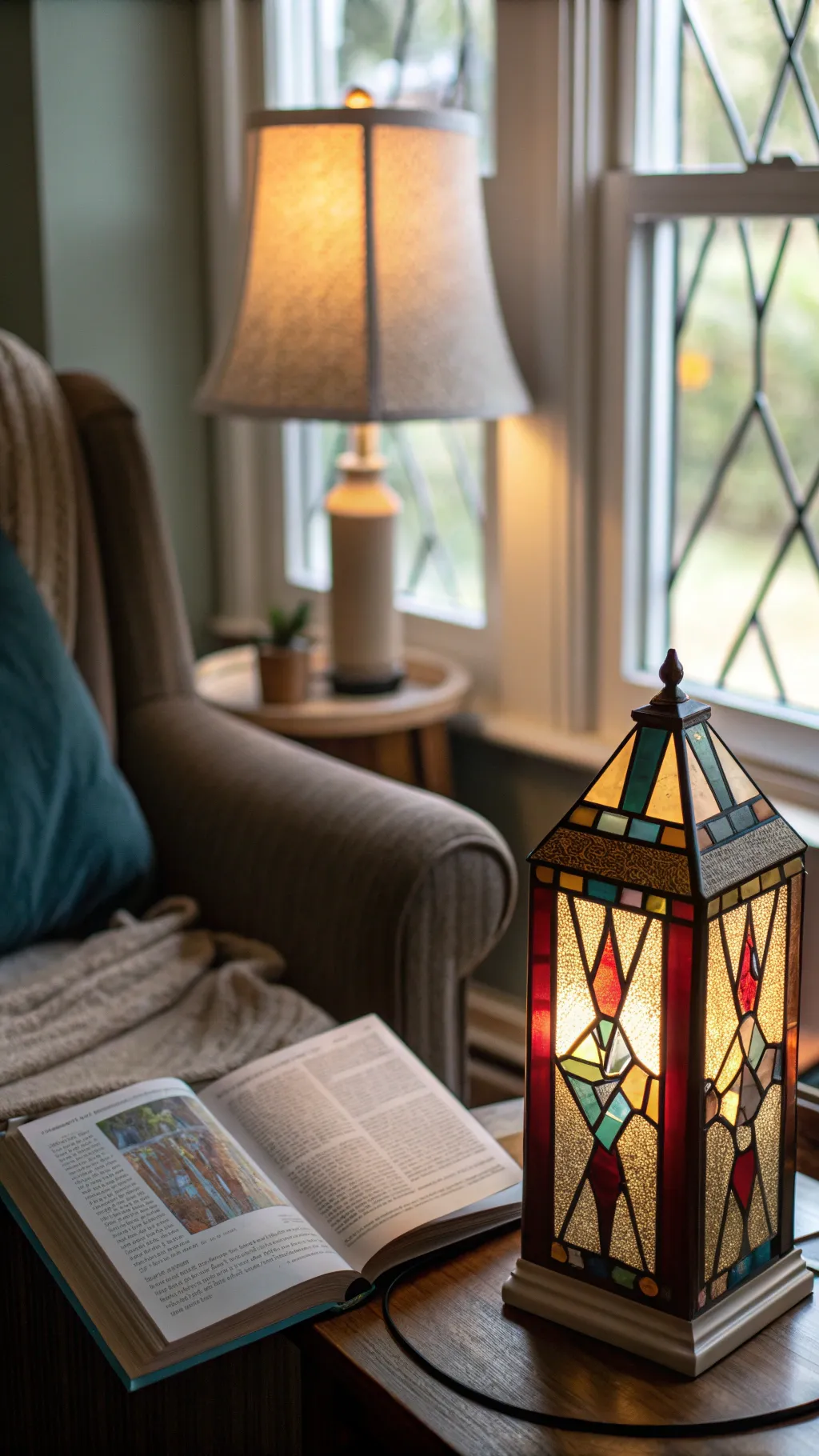 Small stained glass panel glowing softly in a cozy reading corner.