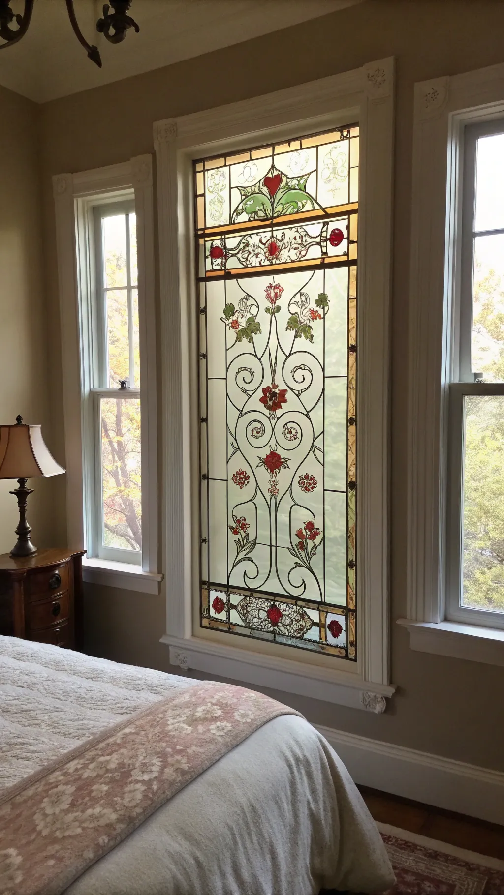 Victorian patterned stained glass in a bedroom sidelight with soft muted tones.