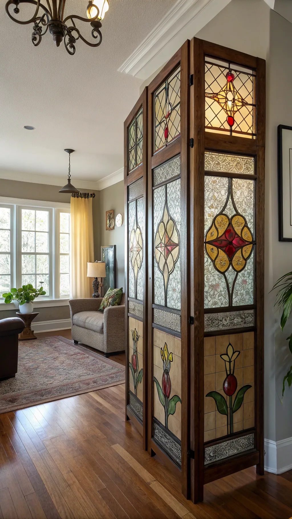 Antique stained glass panels used as a decorative room divider in an open space.