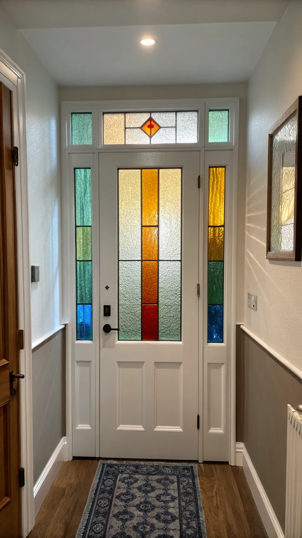 Modern color-blocked stained glass door adding subtle color to an interior hallway.