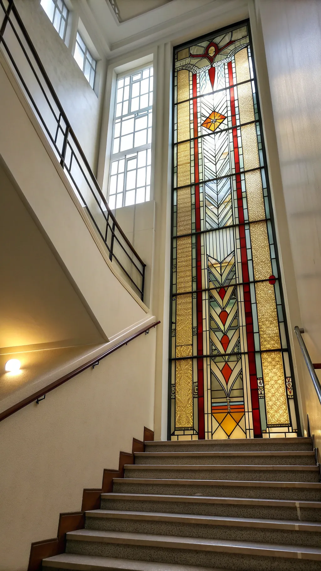 Tall Art Deco stained glass window mounted along a staircase wall with glowing geometric lines.