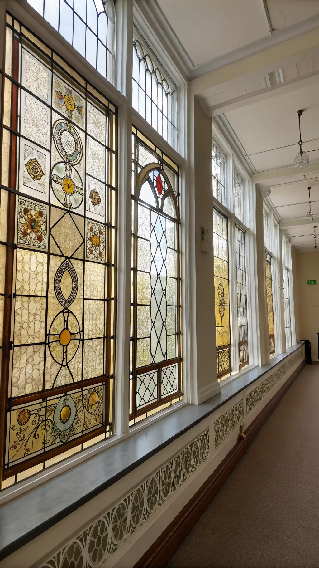 Assortment of vintage stained glass panels arranged together with unified lead tones.