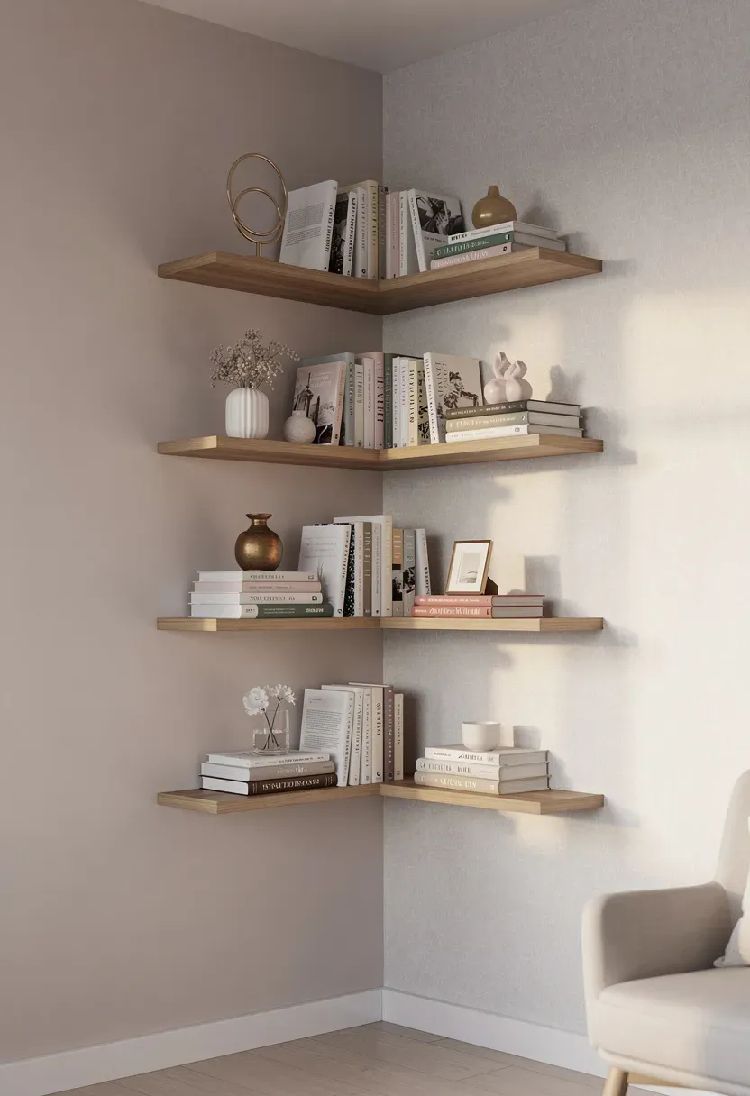 Elegant corner wall shelves displaying books and decor in a cozy room.